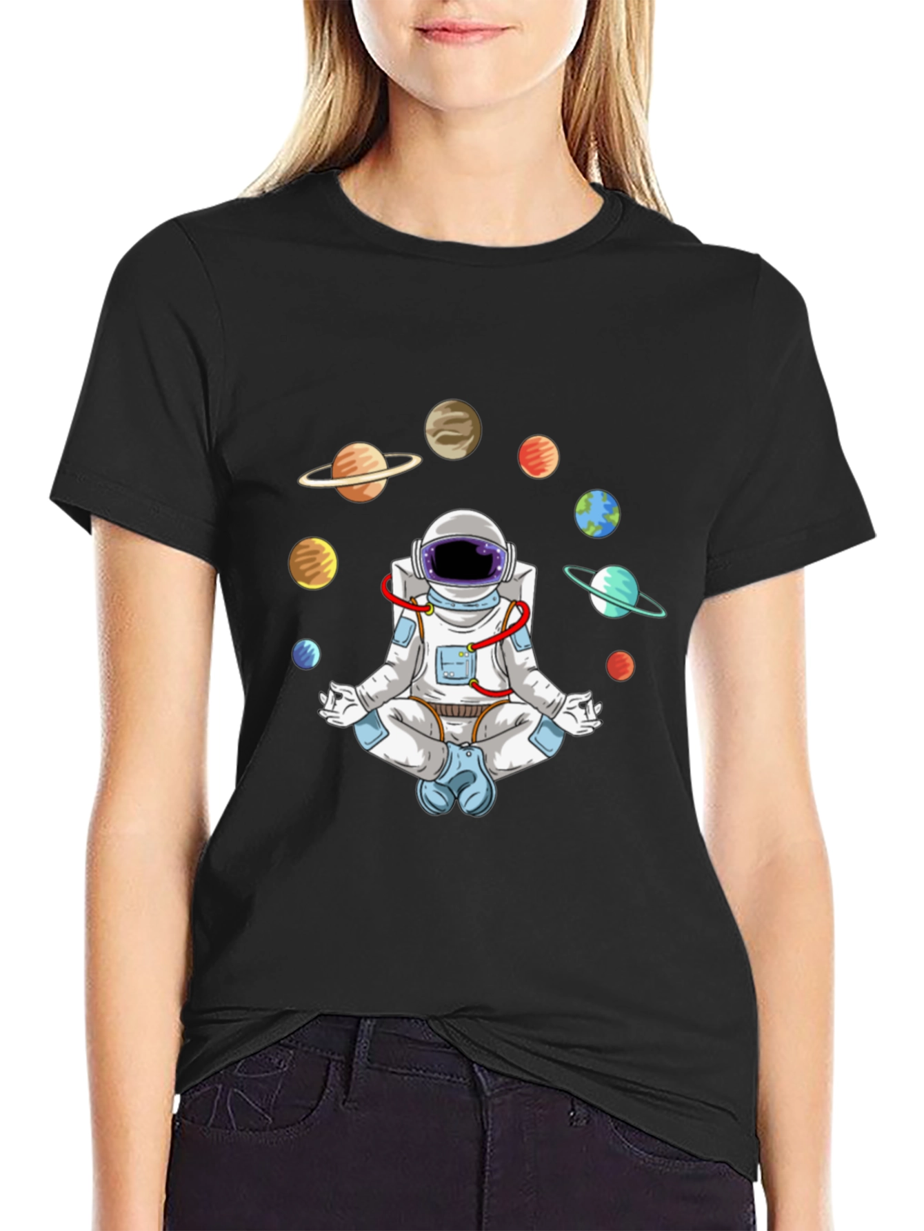 Meditating Astronaut Planets Graphic Tee