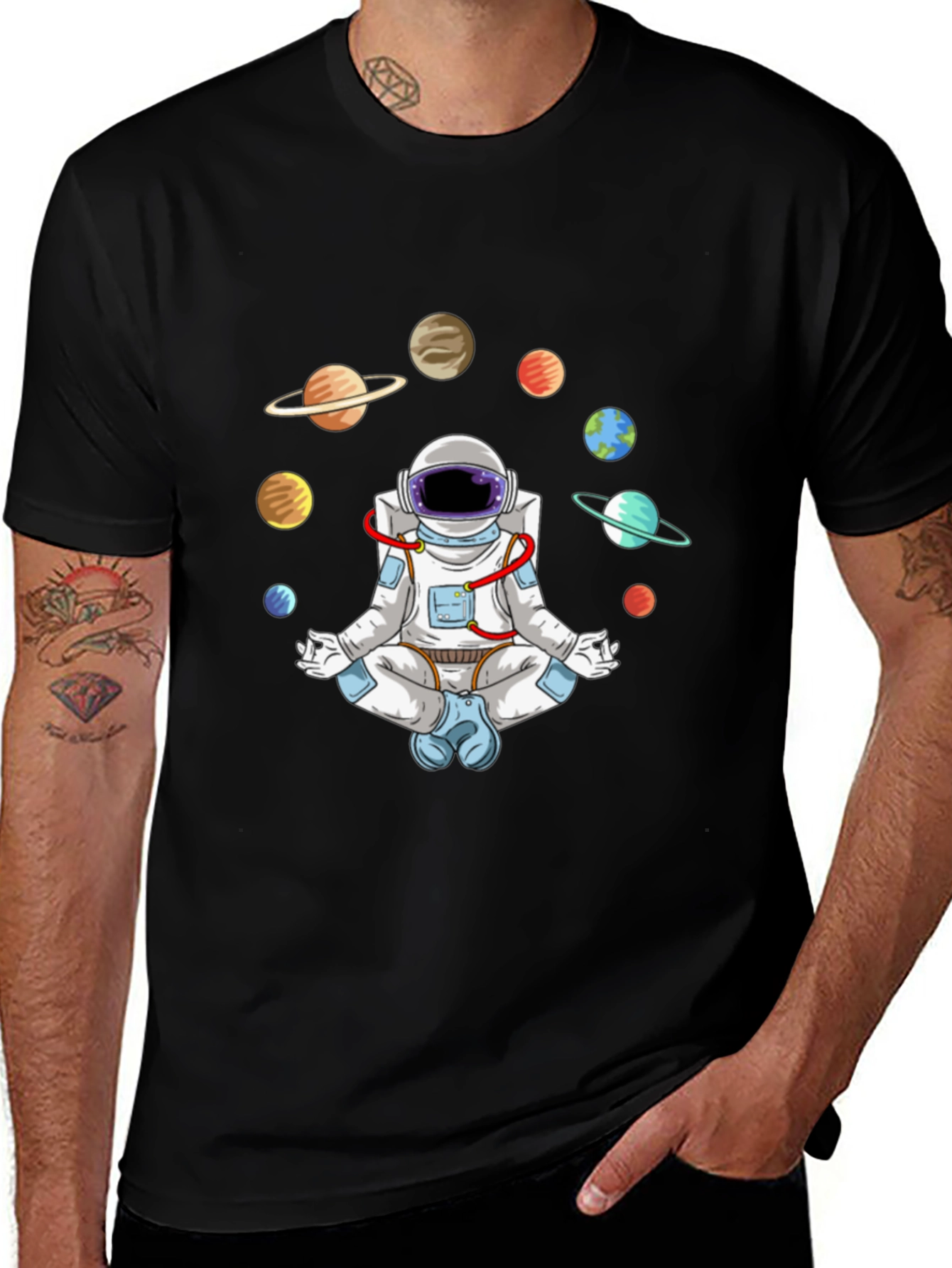 Meditating Astronaut Planets Graphic Tee