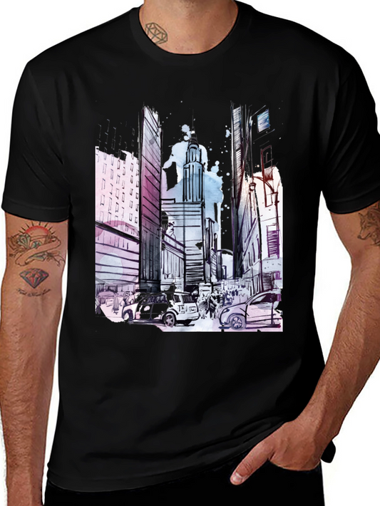 Urban Sketch Black T-Shirt: Cityscape Design