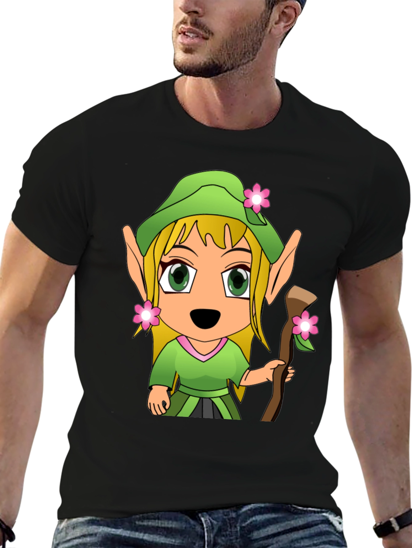 Cartoon Elf Graphic Tee - Black T-Shirt