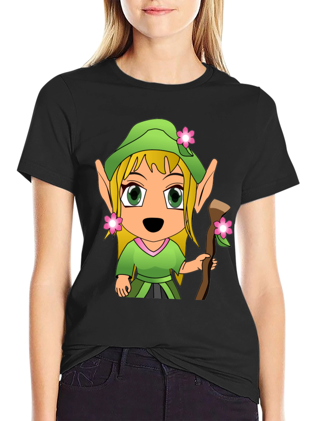 Cartoon Elf Graphic Tee - Black T-Shirt