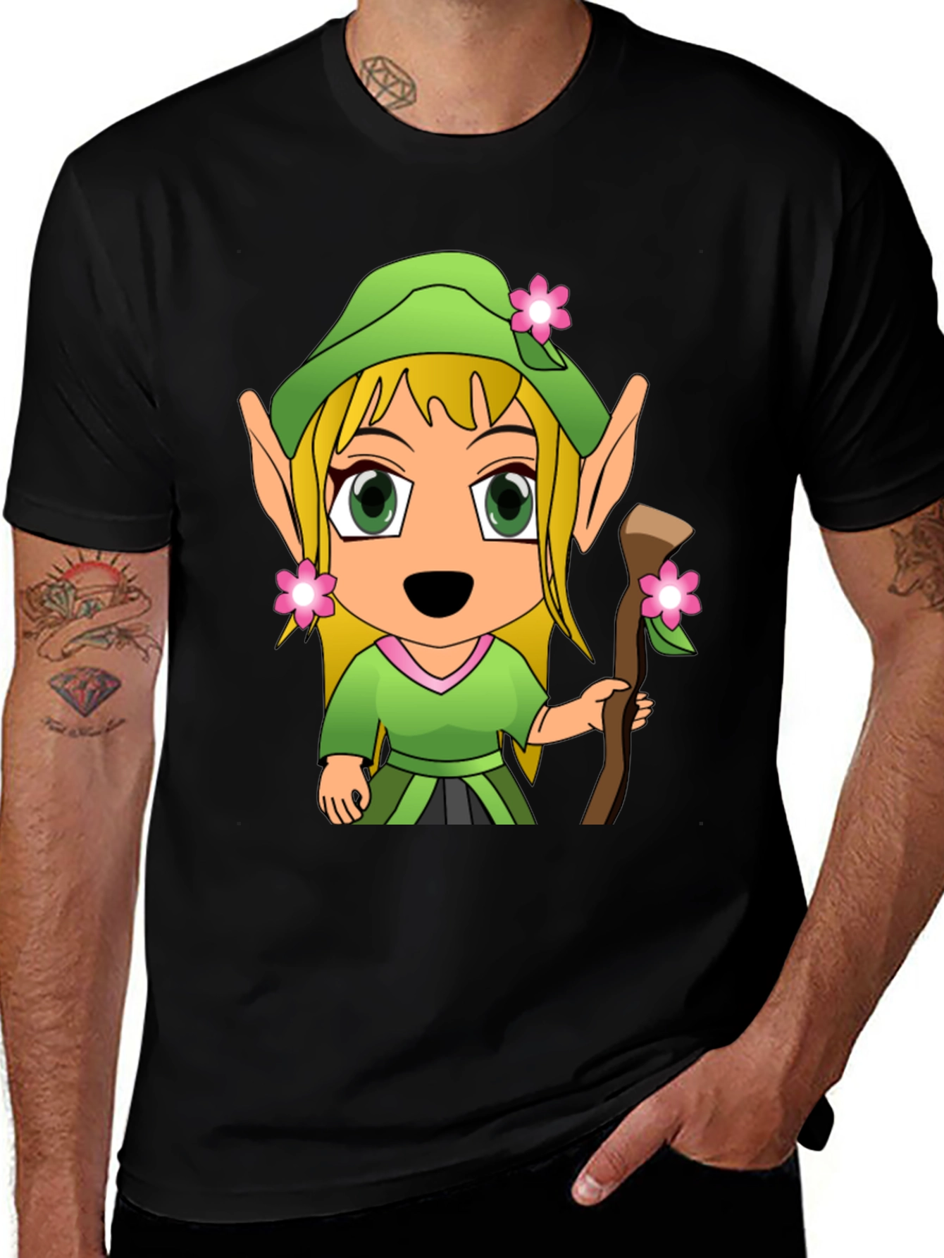 Cartoon Elf Graphic Tee - Black T-Shirt