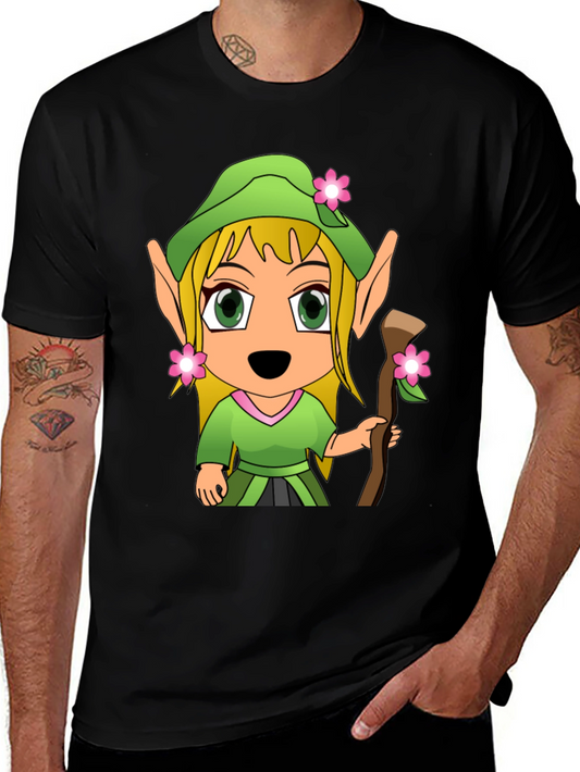 Cartoon Elf Graphic Tee - Black T-Shirt