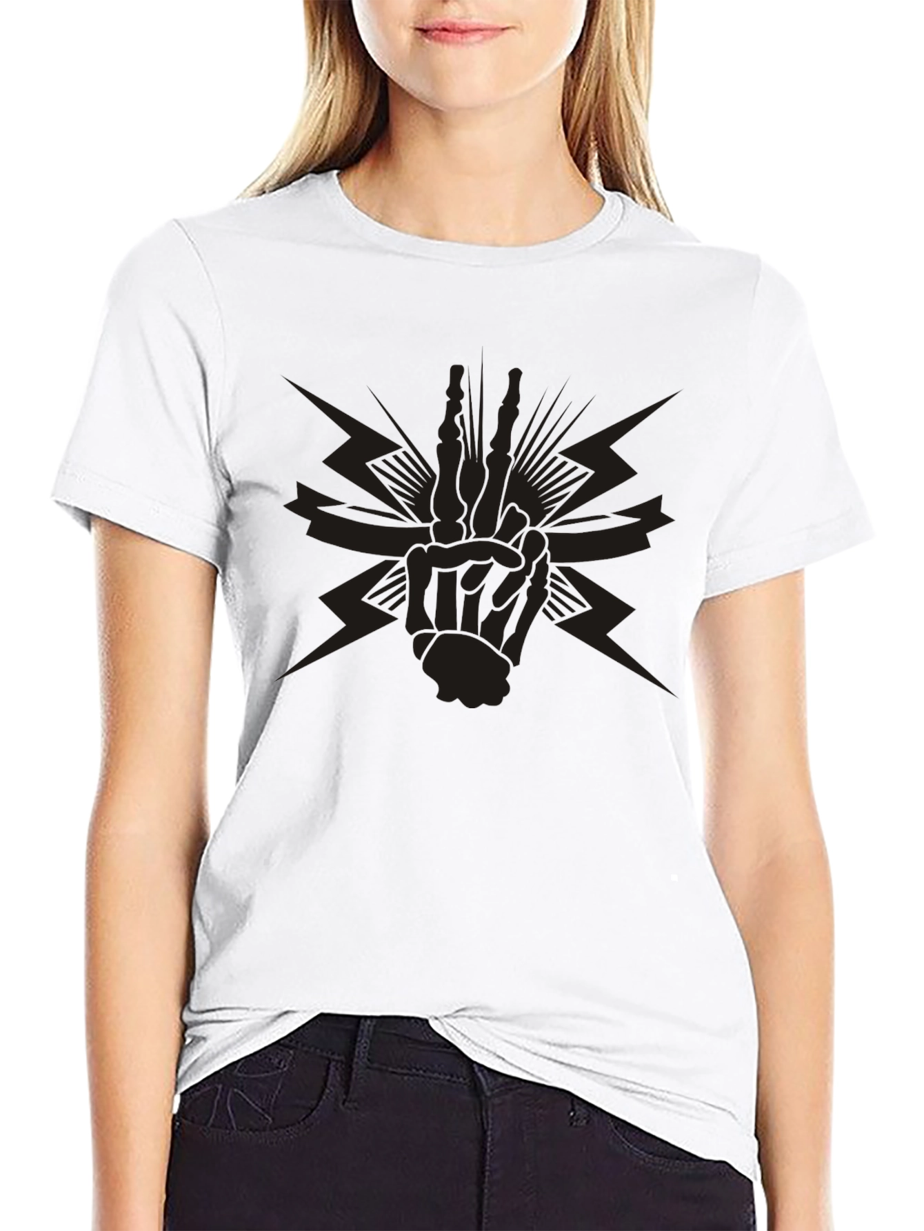 Black Graphic Tee - Skeleton Peace Sign