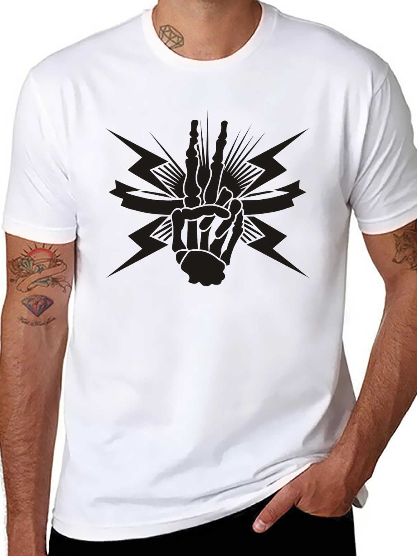 Black Graphic Tee - Skeleton Peace Sign