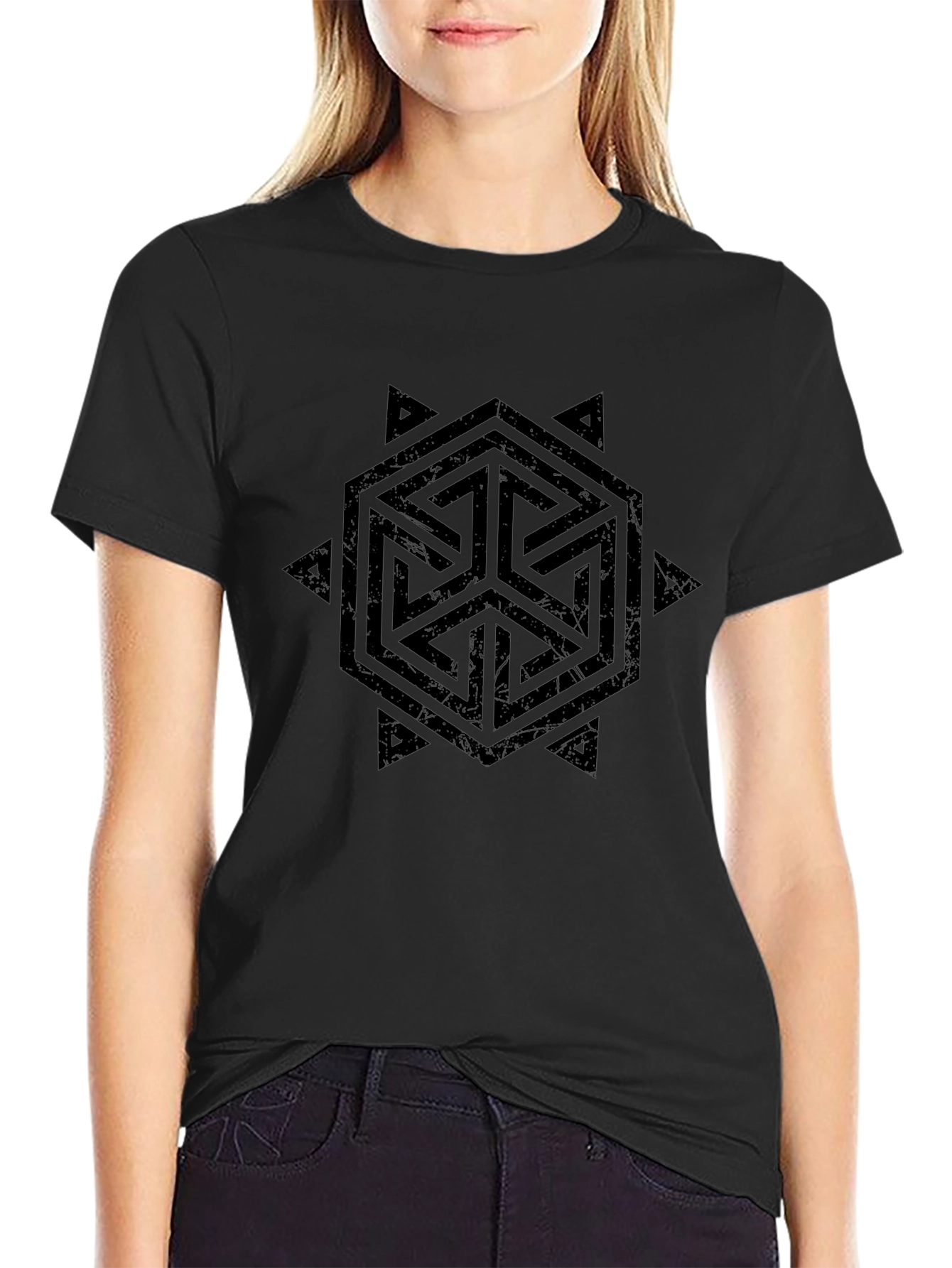 Geometric Hexagon Print Black Tee