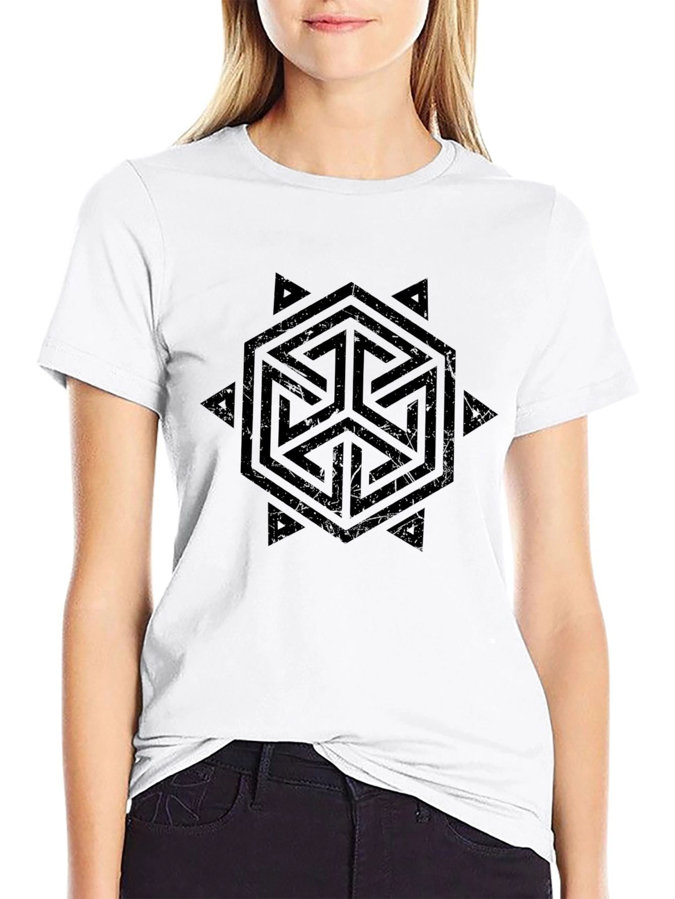 Geometric Hexagon Print Black Tee