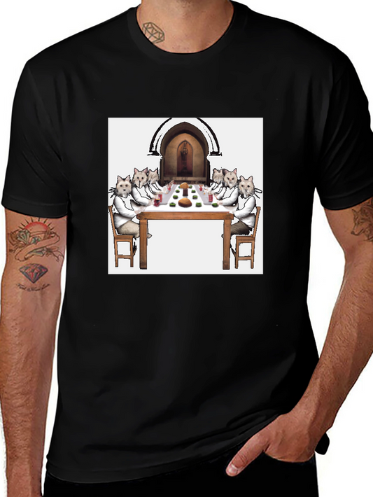 Cat Supper Black T-Shirt - Unique Feline Dinner Party Design