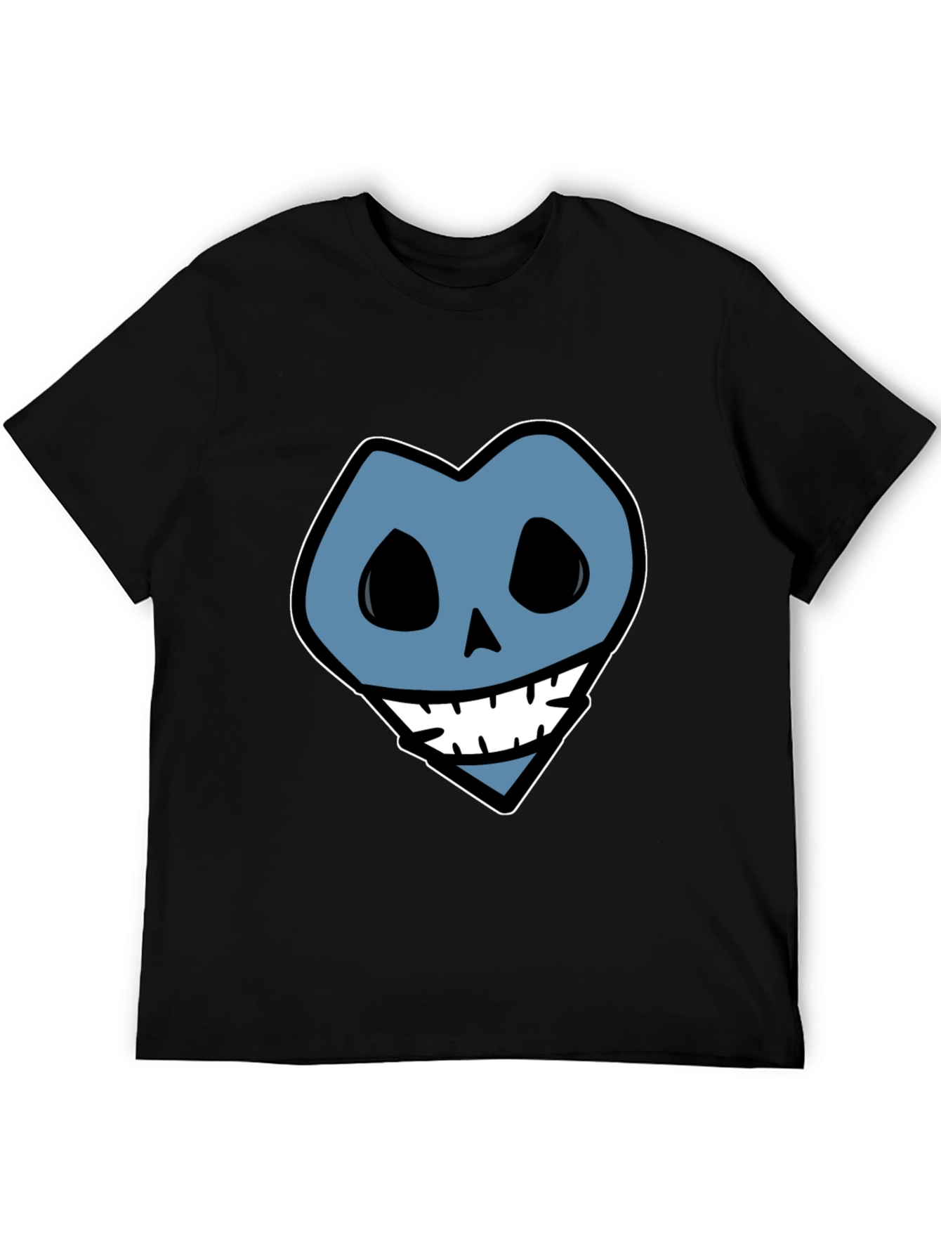Blue Heart Skull Graphic Print Black T-Shirt