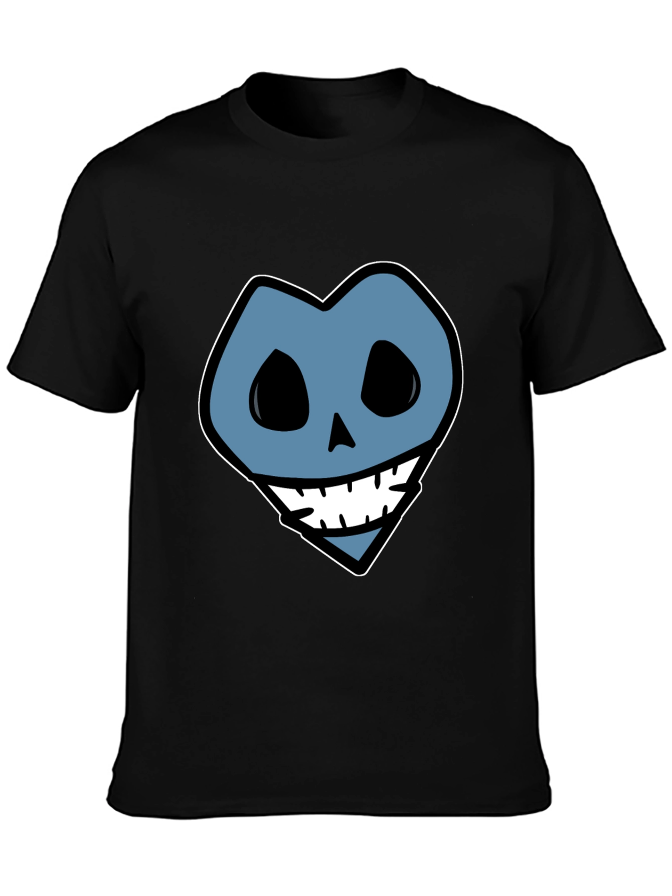 Blue Heart Skull Graphic Print Black T-Shirt