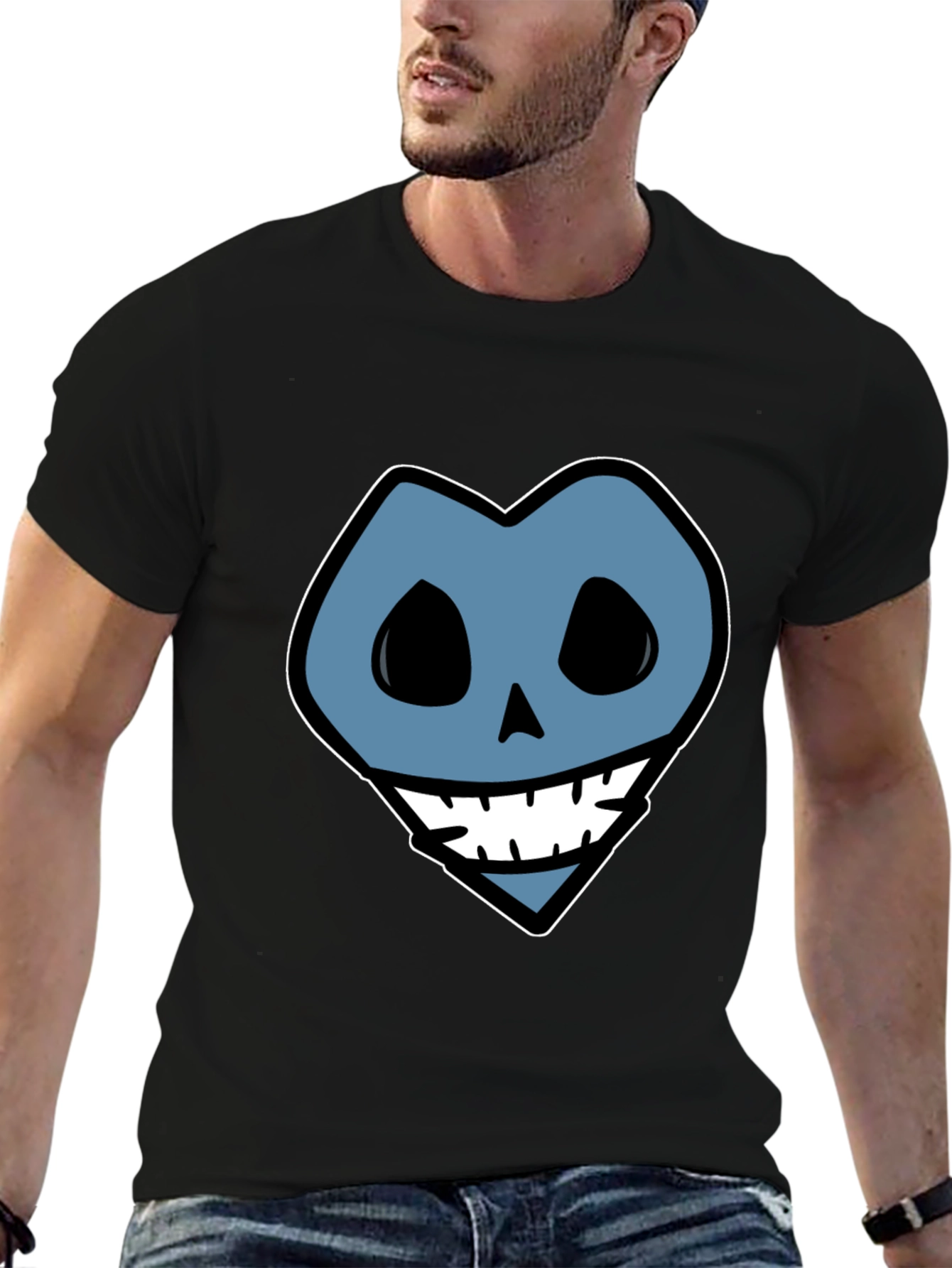 Blue Heart Skull Graphic Print Black T-Shirt