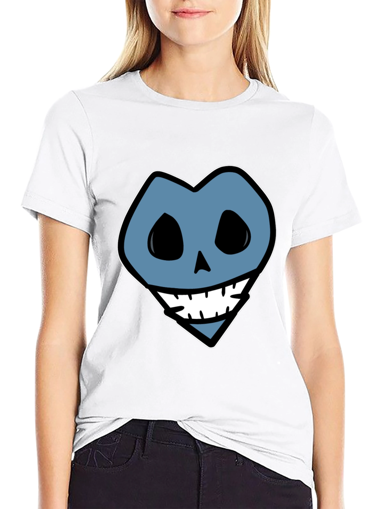Blue Heart Skull Graphic Print Black T-Shirt