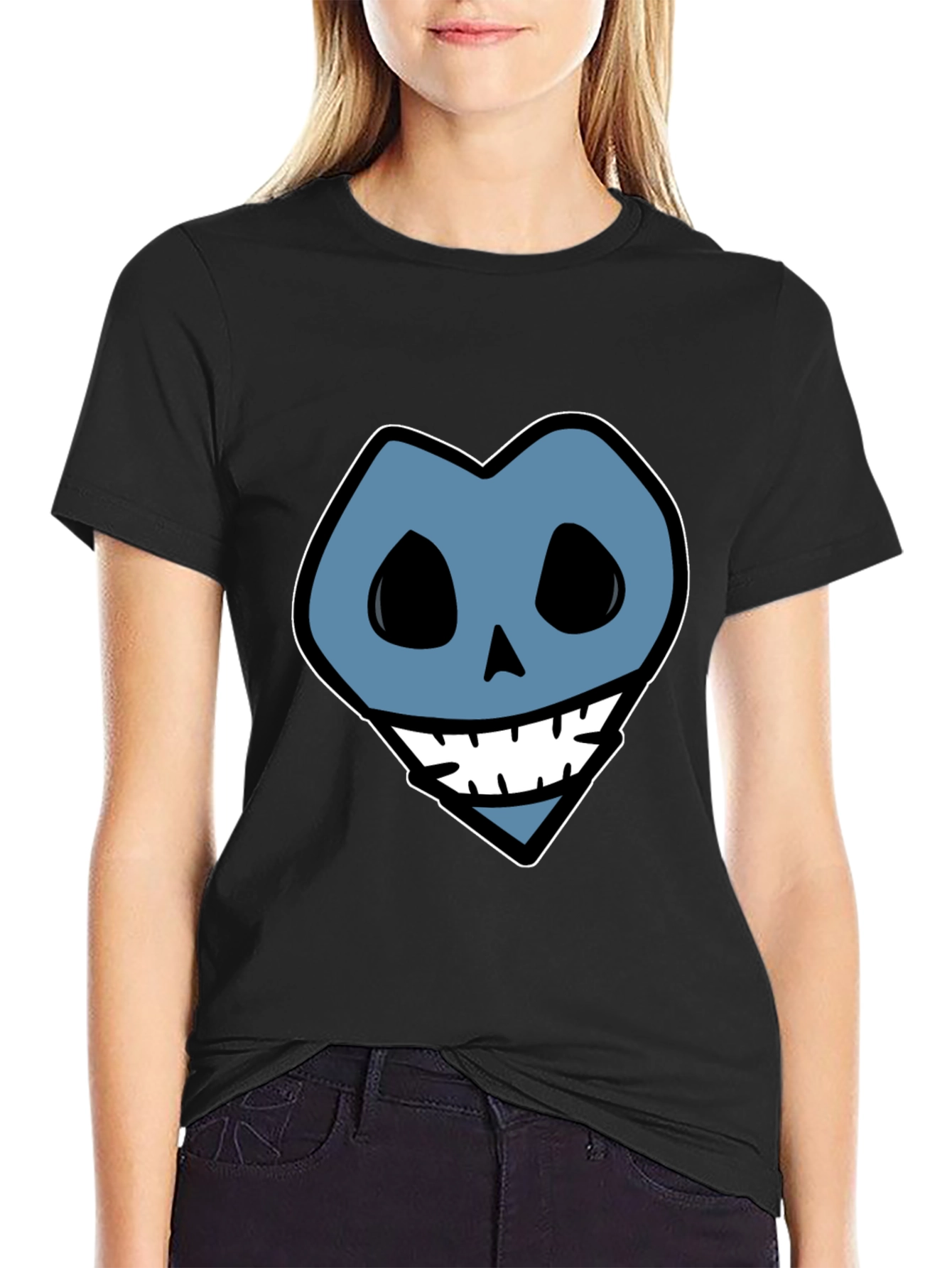 Blue Heart Skull Graphic Print Black T-Shirt