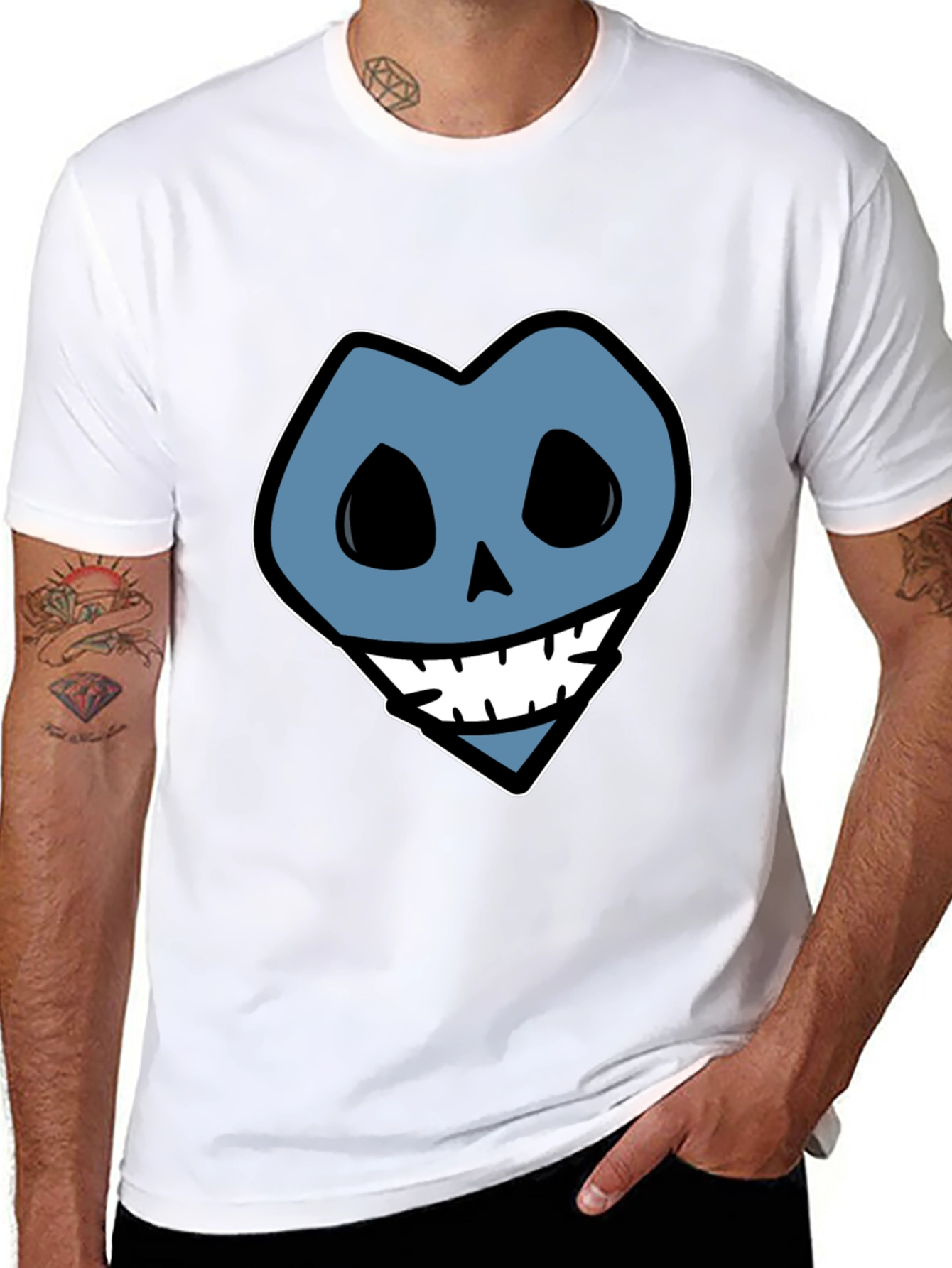 Blue Heart Skull Graphic Print Black T-Shirt