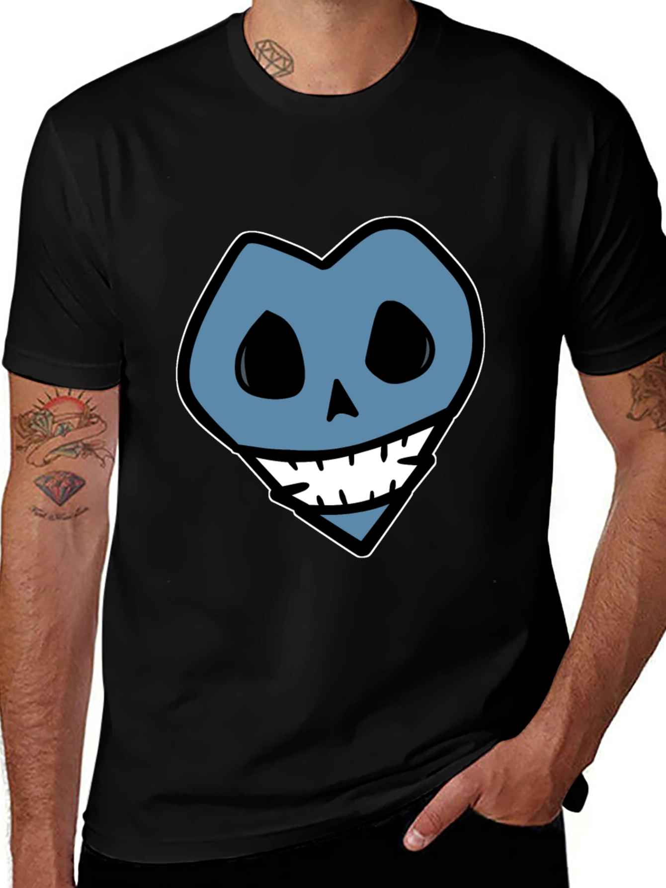 Blue Heart Skull Graphic Print Black T-Shirt