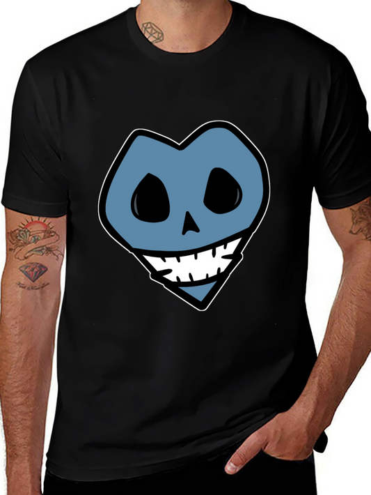 Blue Heart Skull Graphic Print Black T-Shirt