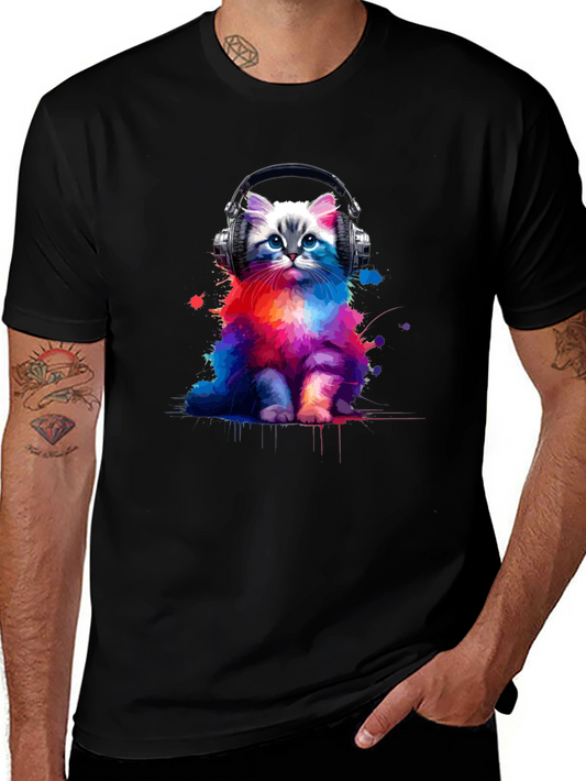 Colorful Cat Headphones Graphic Tee