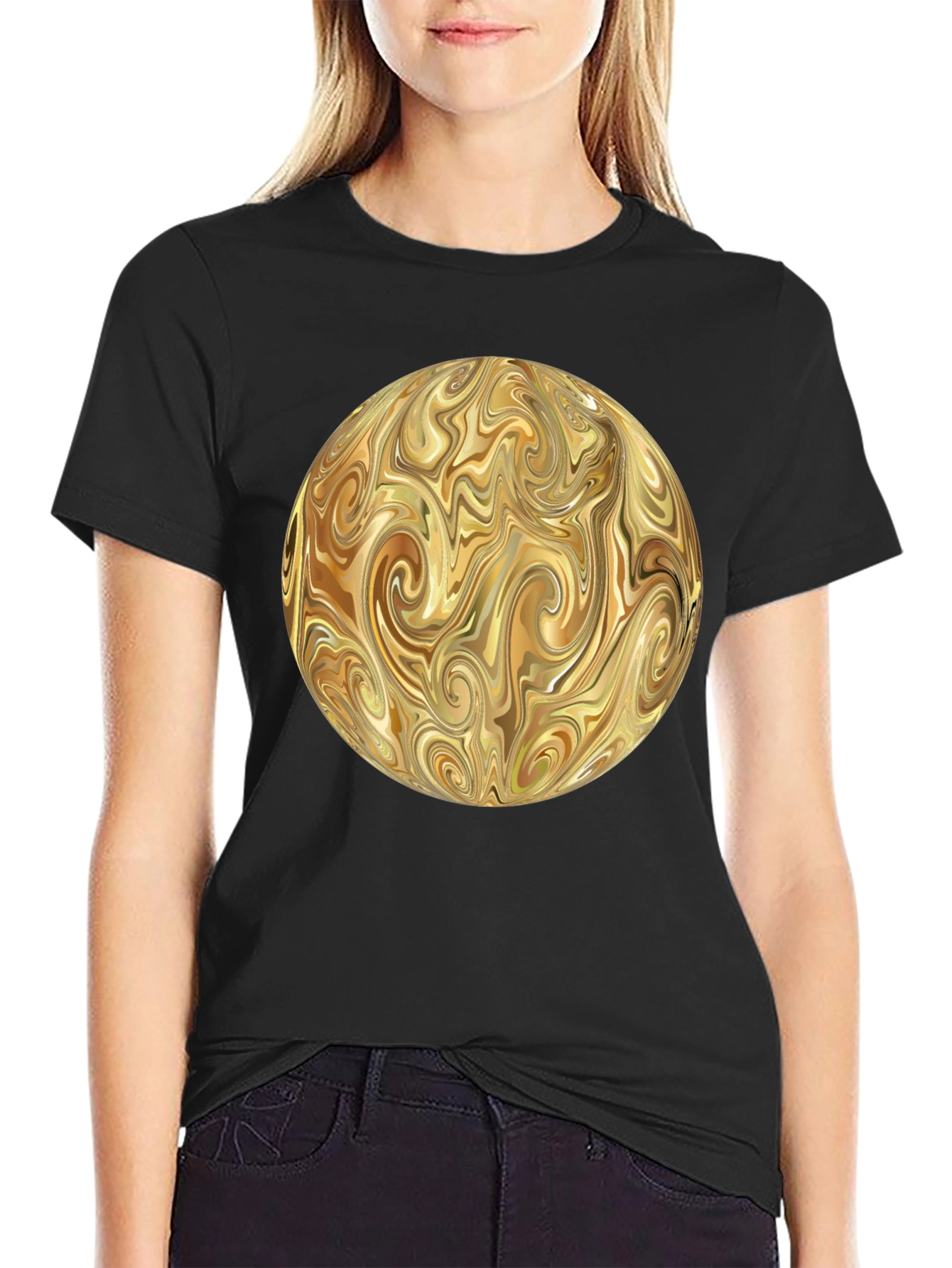 Swirling Gold Abstract Design Black T-Shirt