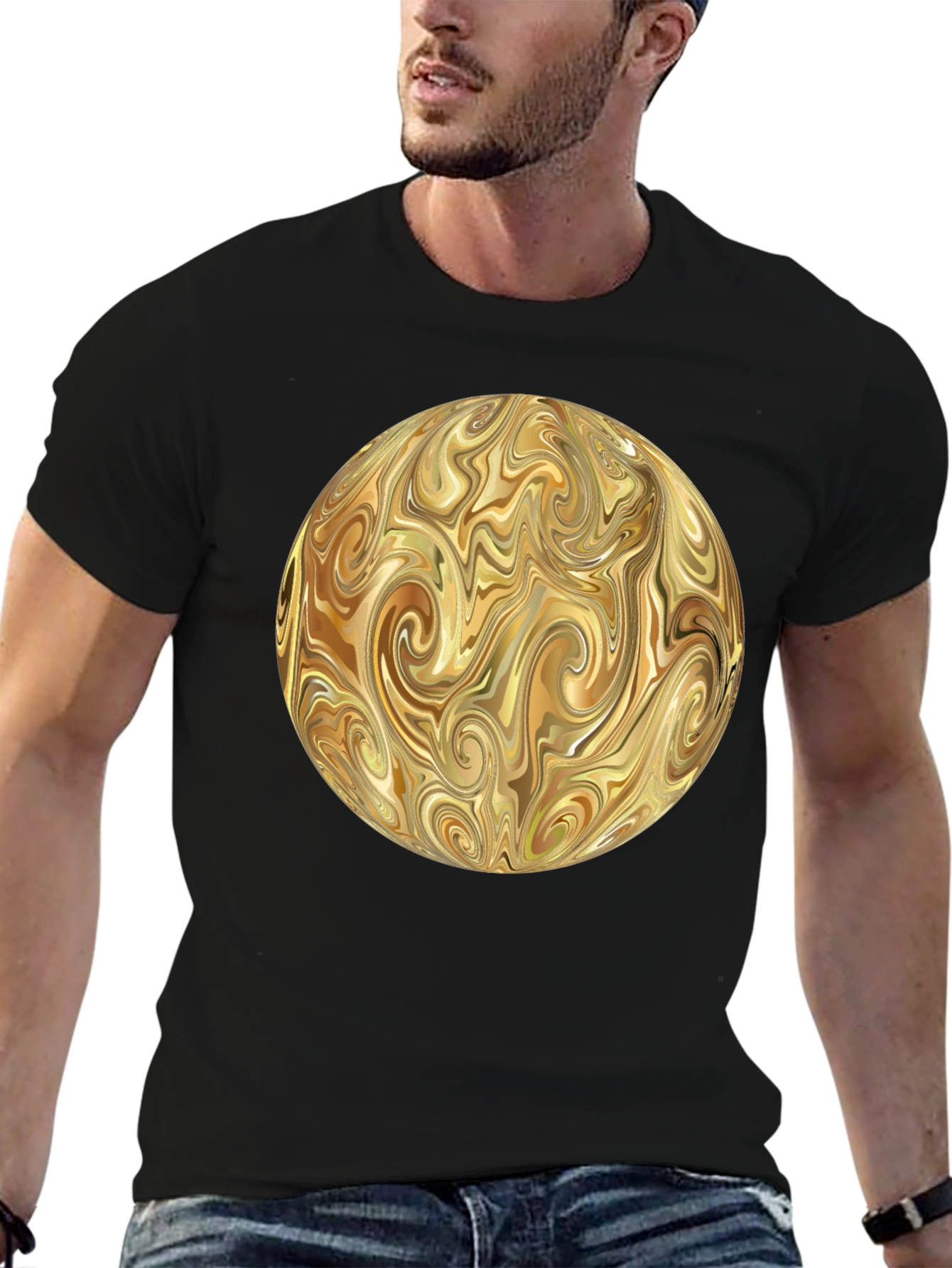 Swirling Gold Abstract Design Black T-Shirt
