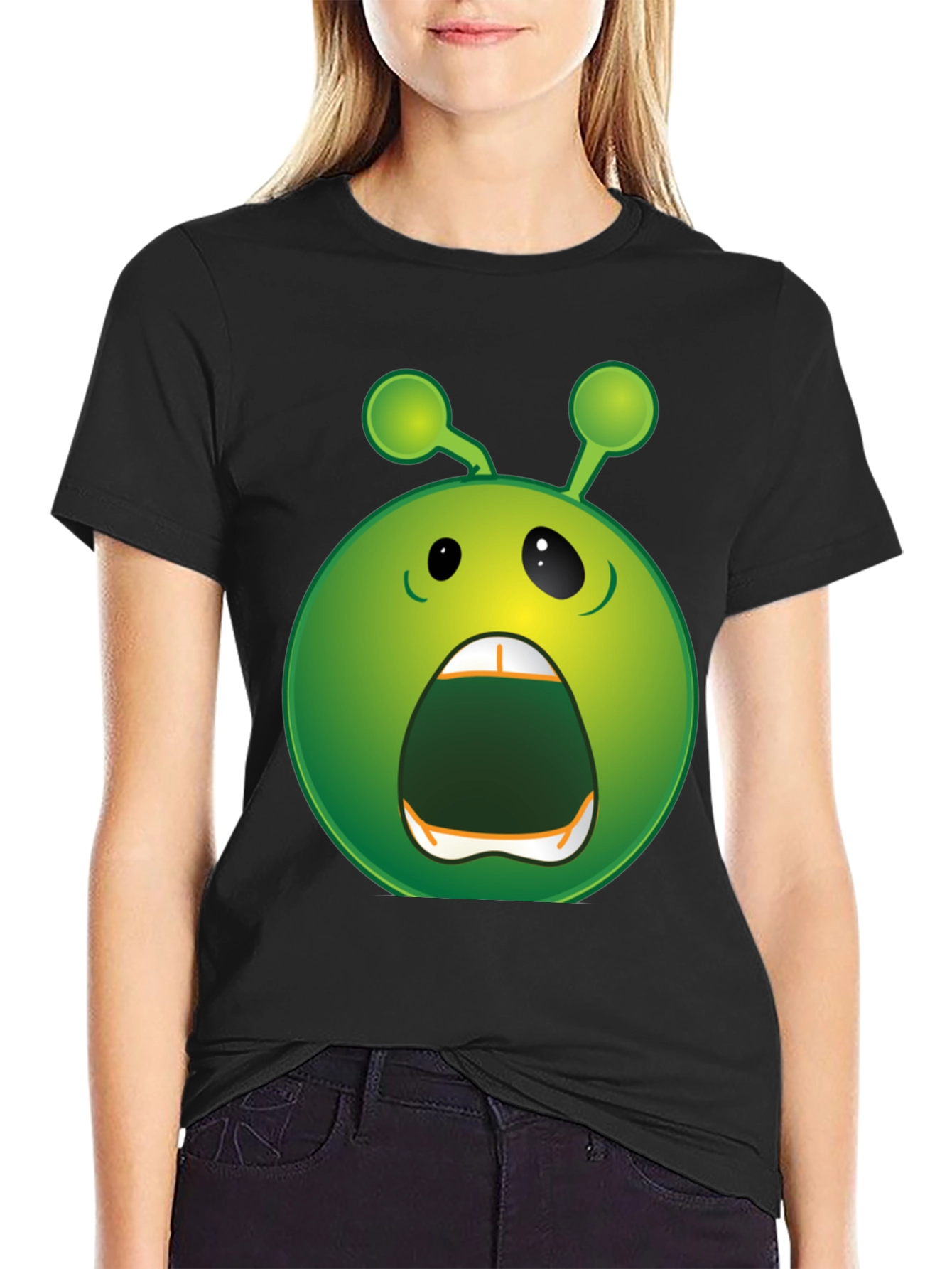 Funny Alien Emoji Graphic Black T-Shirt