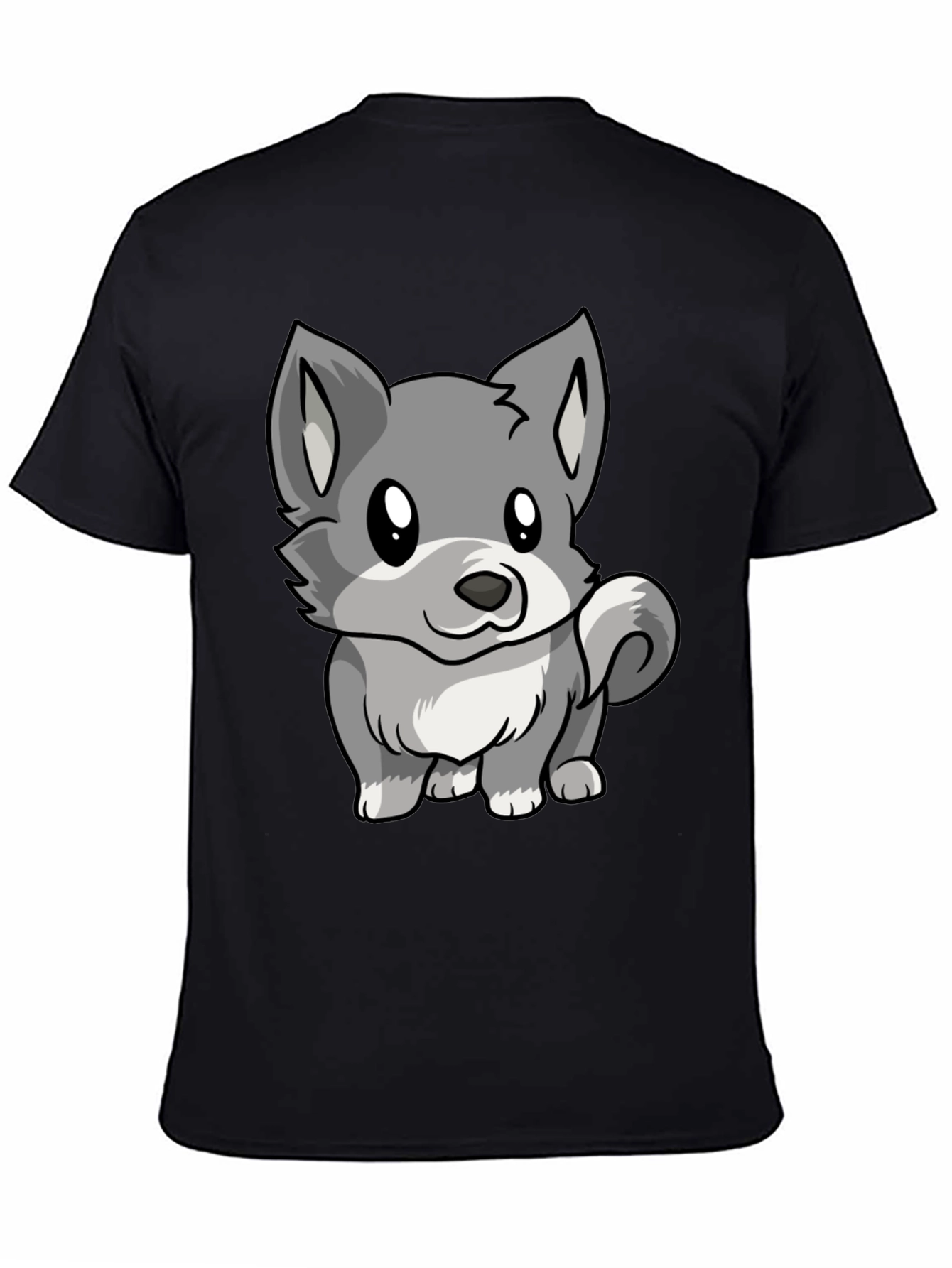 Cute Cartoon Wolf Graphic Black T-Shirt