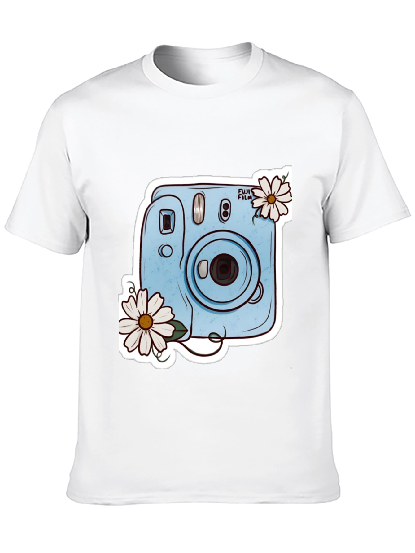 Stylish Black Tee with Camera & Daisy Design