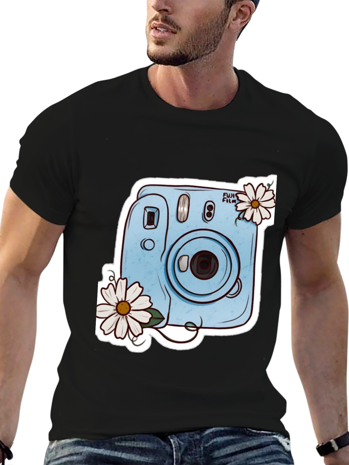 Stylish Black Tee with Camera & Daisy Design