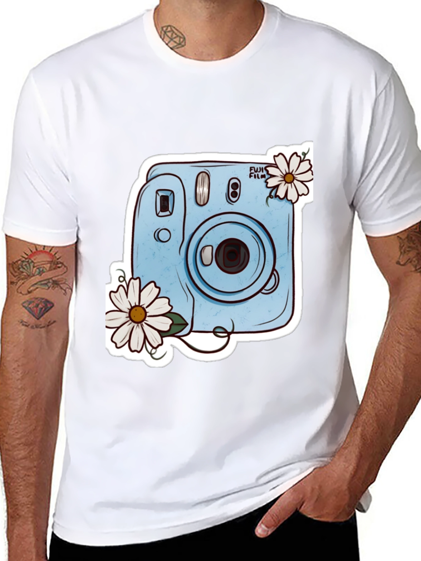 Stylish Black Tee with Camera & Daisy Design