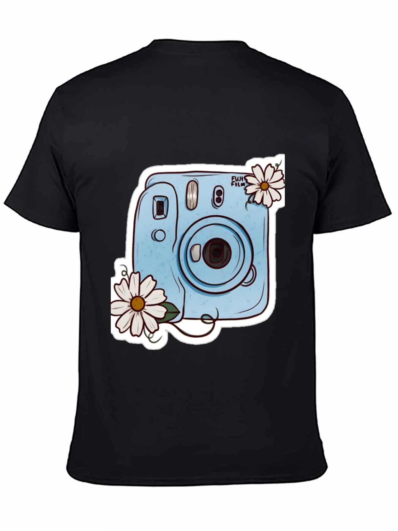 Stylish Black Tee with Camera & Daisy Design