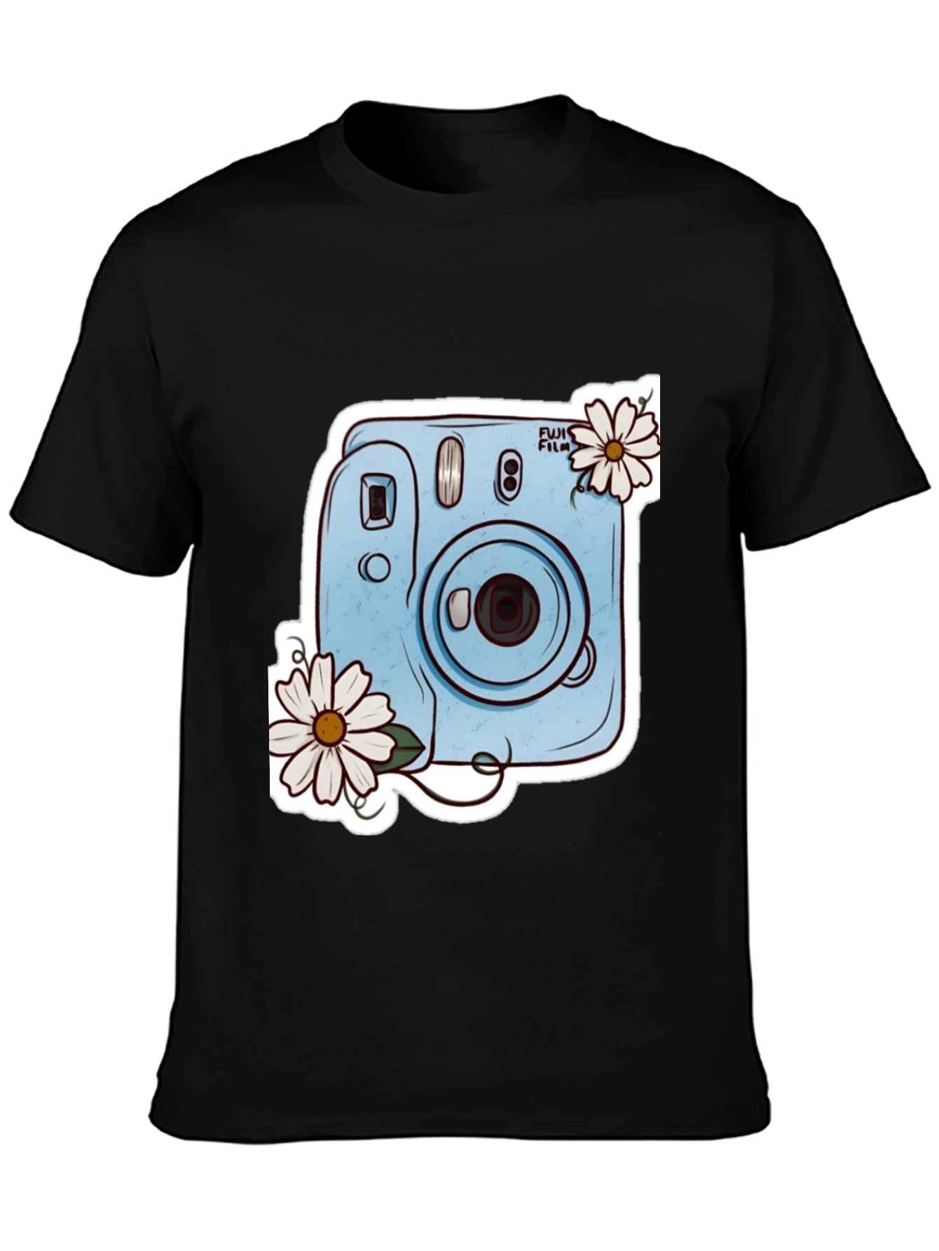 Stylish Black Tee with Camera & Daisy Design