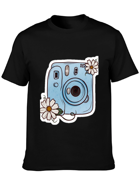 Stylish Black Tee with Camera & Daisy Design