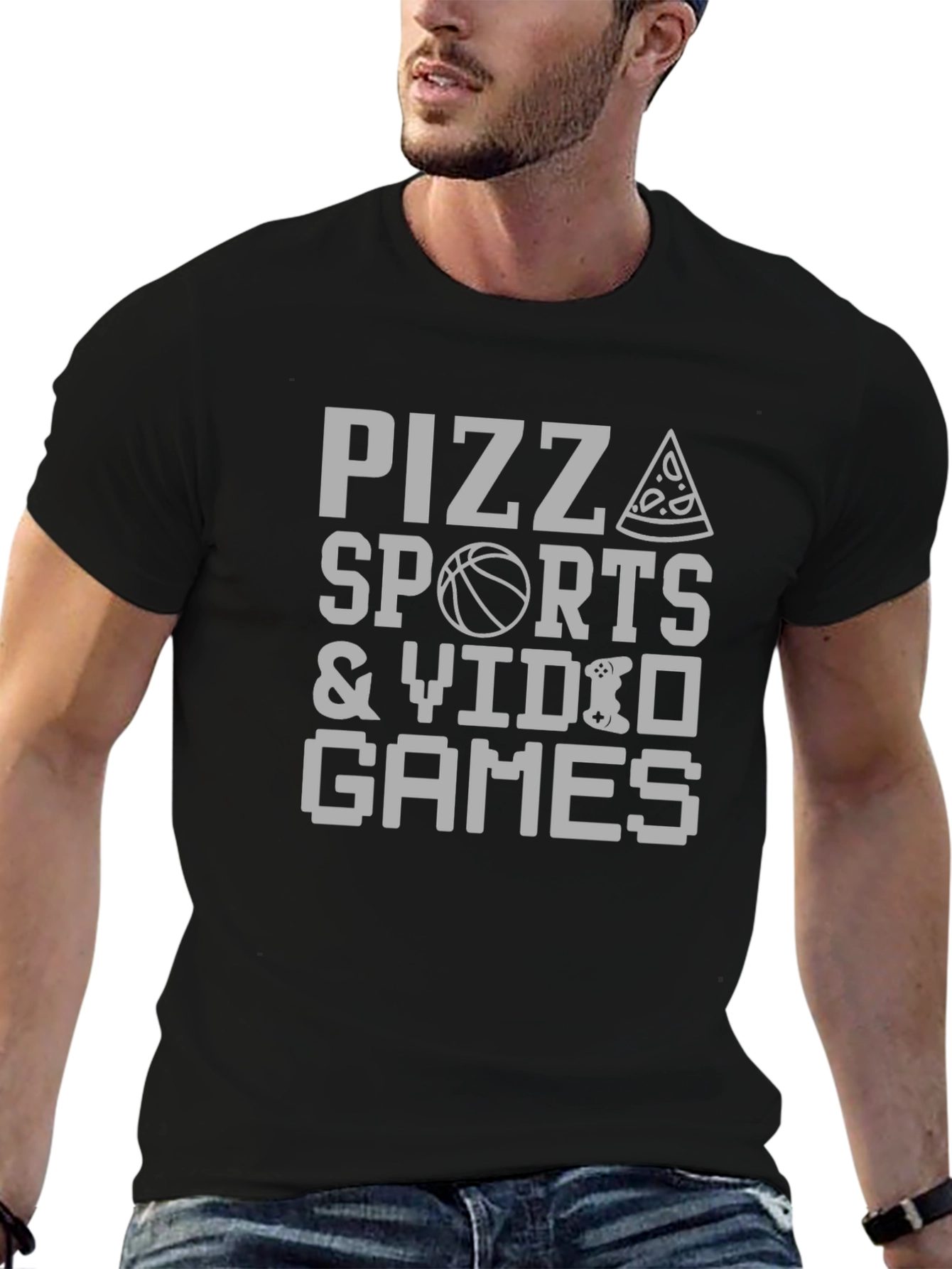 Pizza Sports & Video Games Mens Black T-Shirt