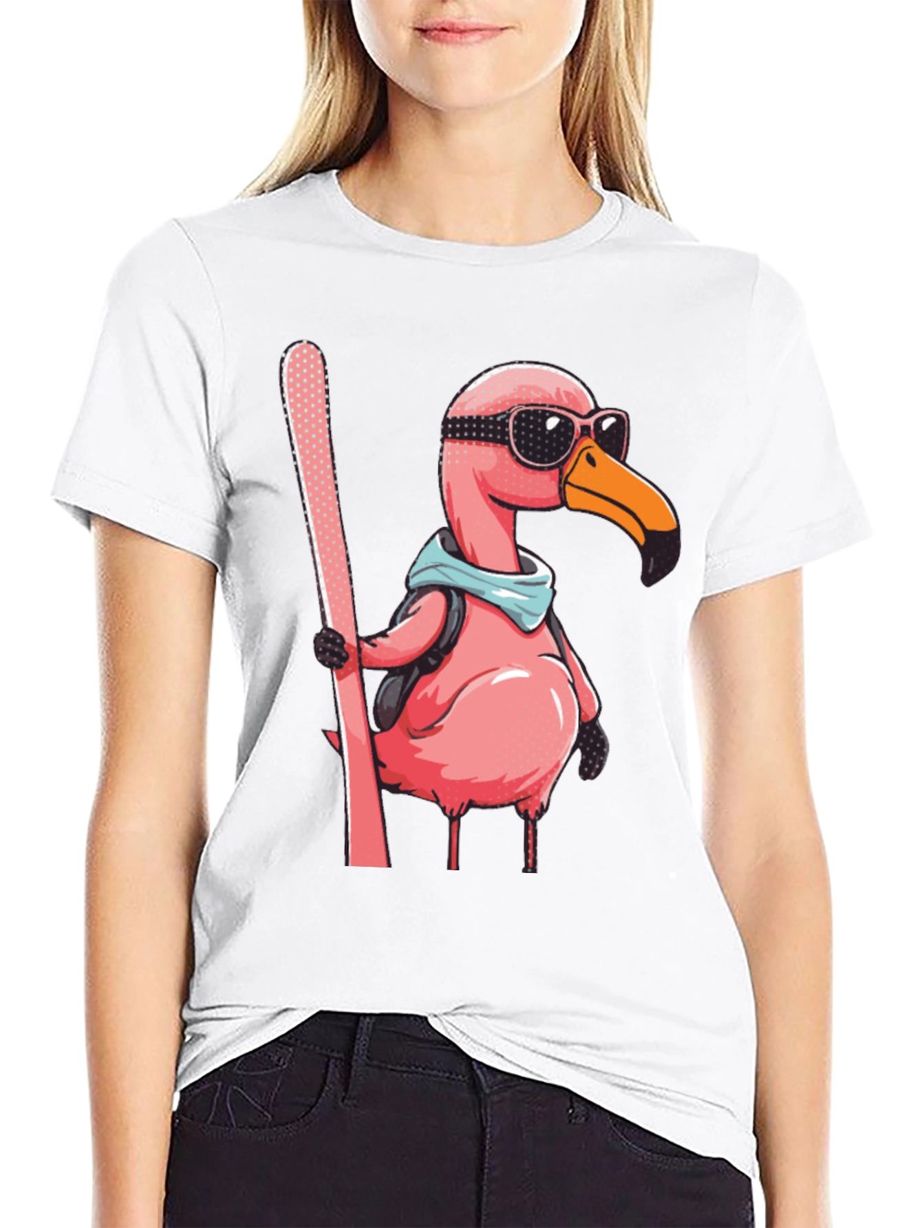 Skiing Flamingo Graphic Tee - Black Cotton Shirt