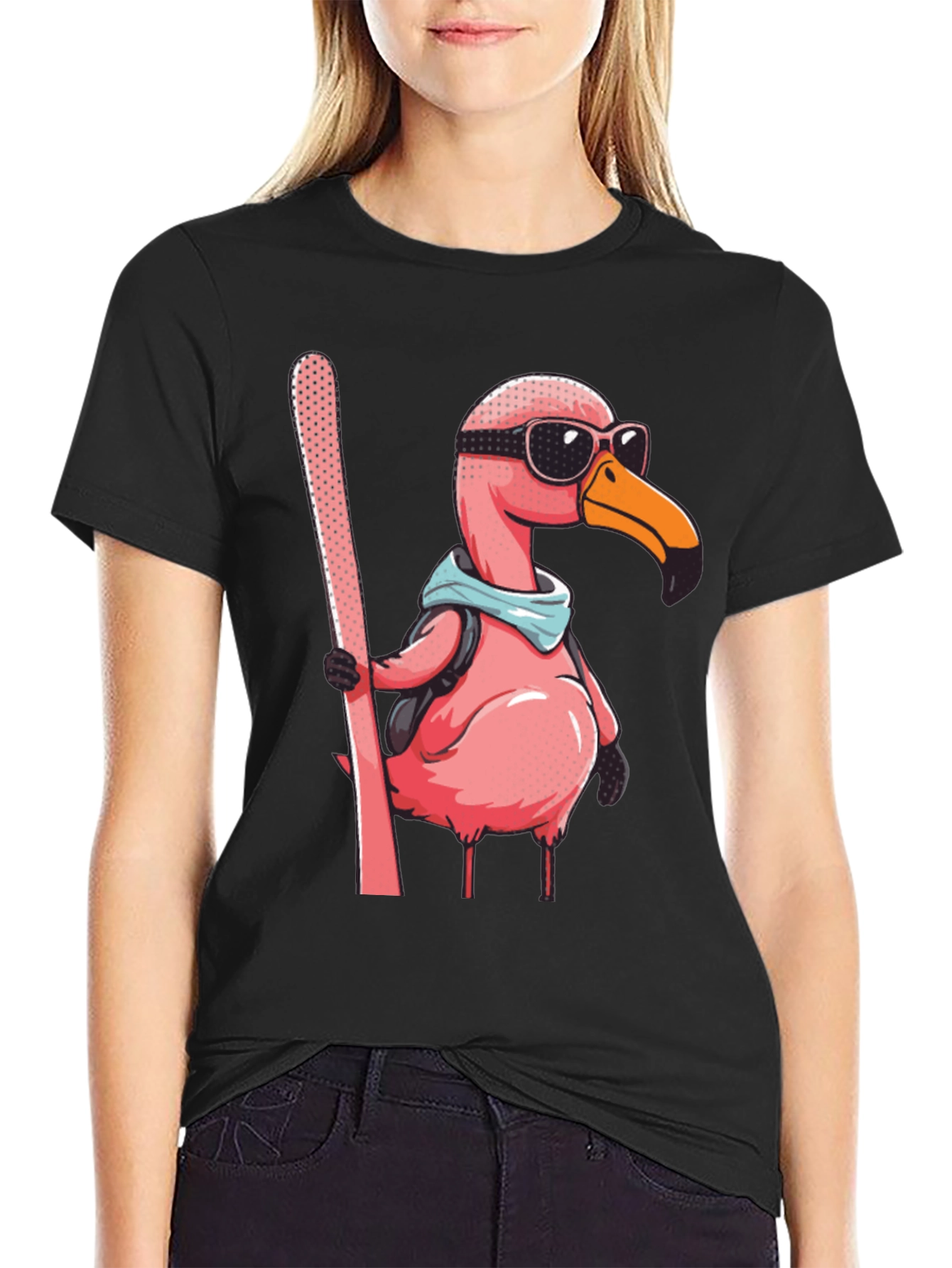 Skiing Flamingo Graphic Tee - Black Cotton Shirt