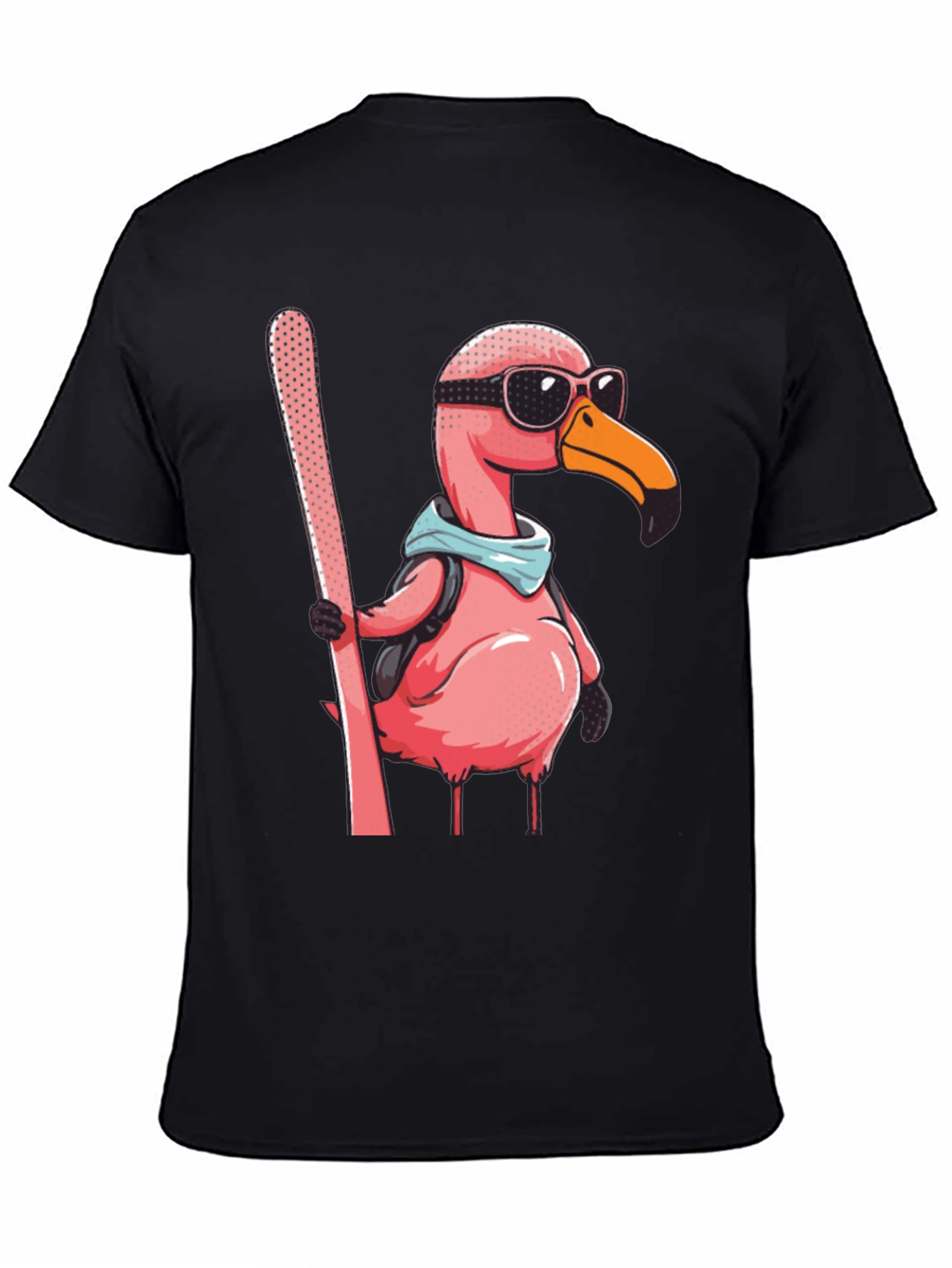 Skiing Flamingo Graphic Tee - Black Cotton Shirt
