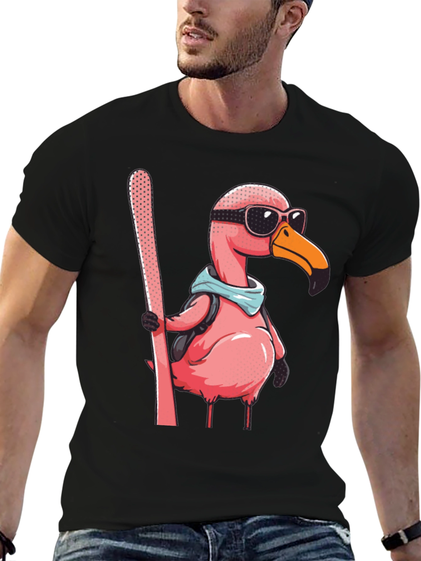 Skiing Flamingo Graphic Tee - Black Cotton Shirt
