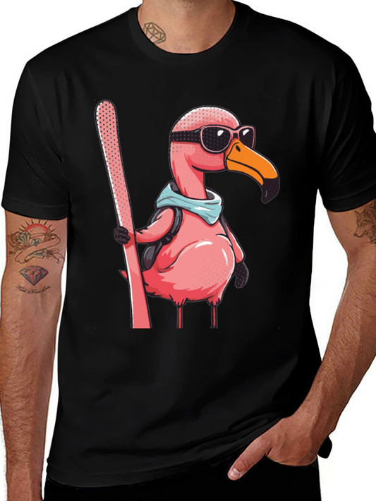 Skiing Flamingo Graphic Tee - Black Cotton Shirt