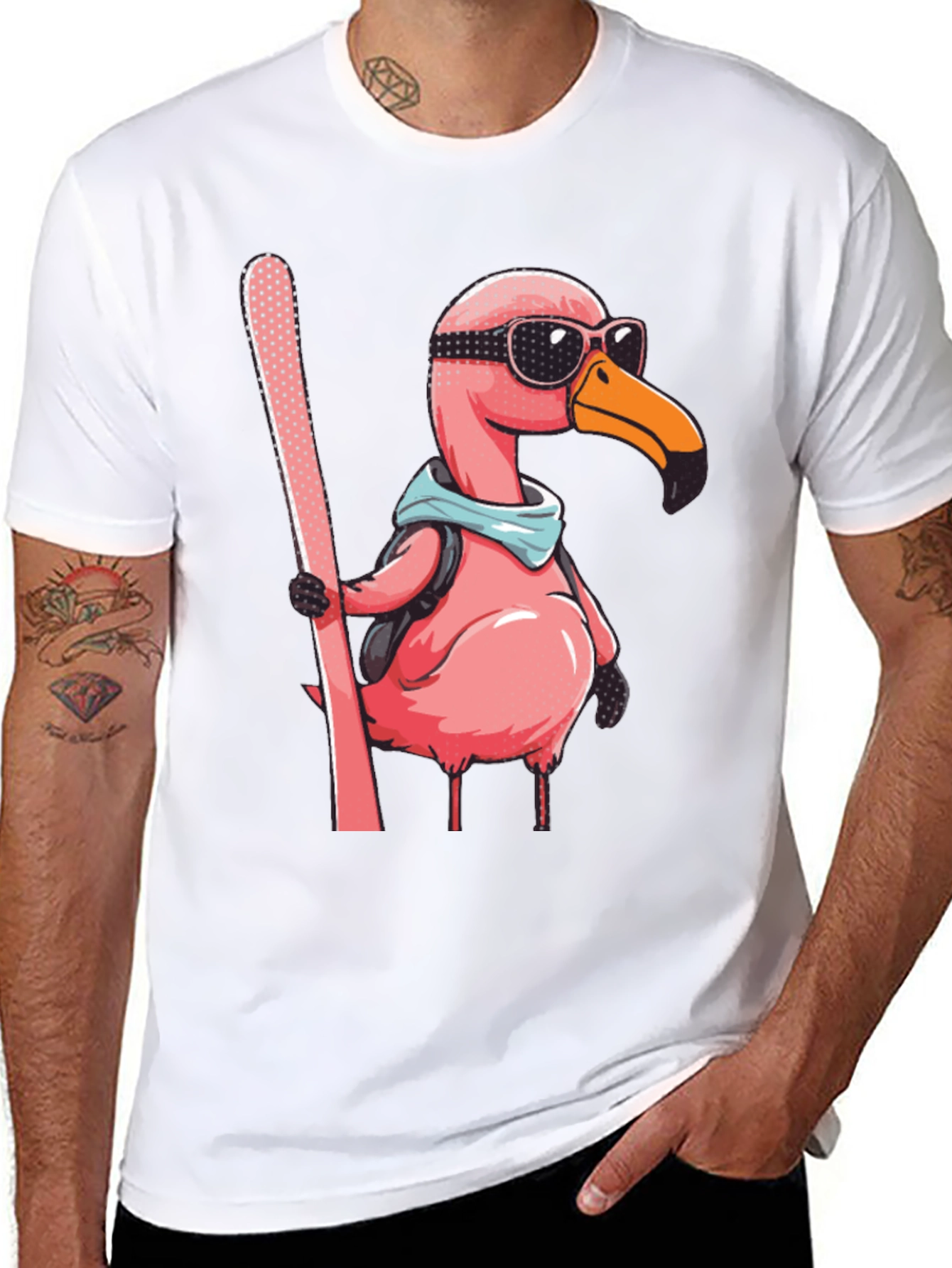 Skiing Flamingo Graphic Tee - Black Cotton Shirt