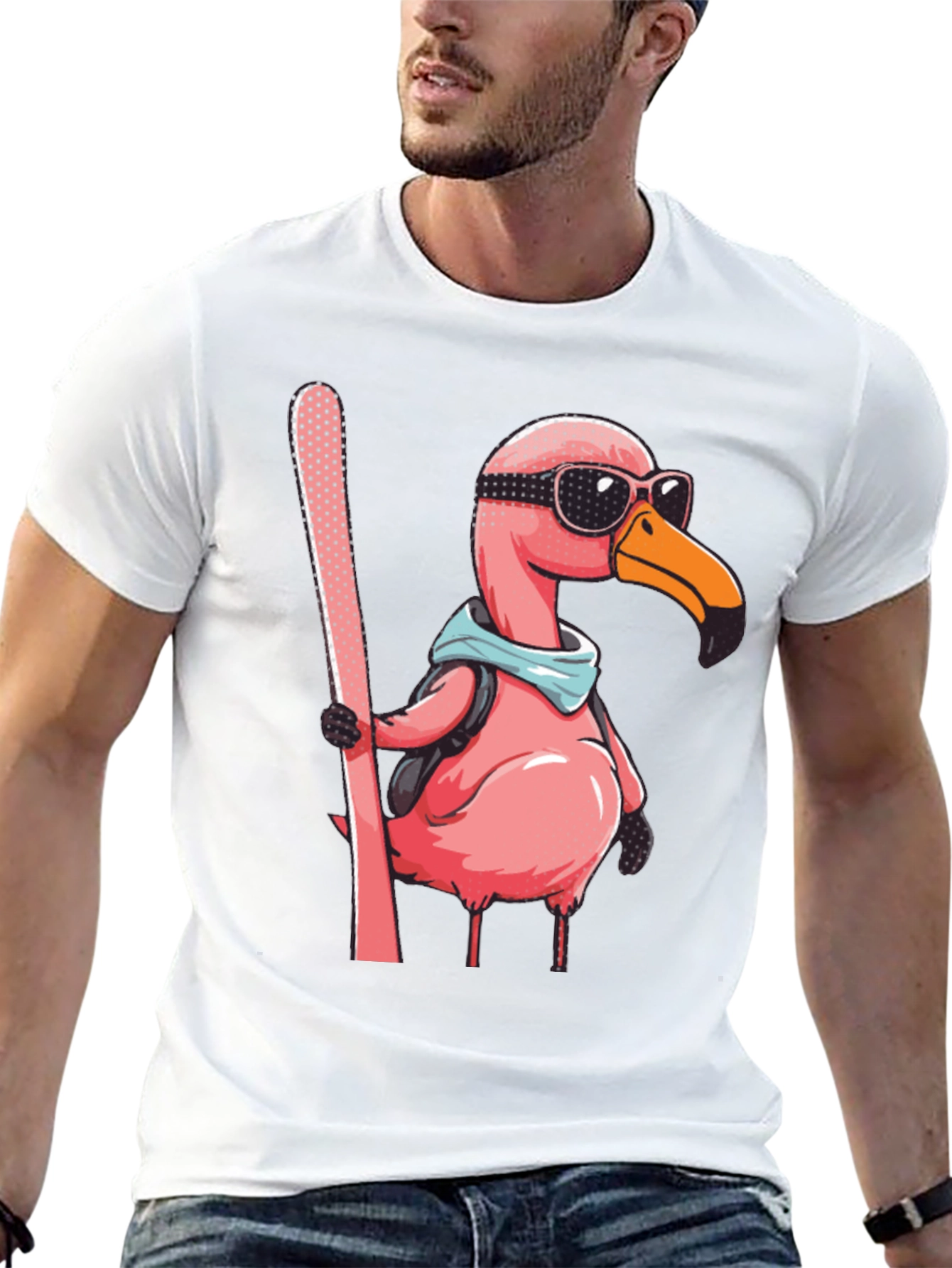 Skiing Flamingo Graphic Tee - Black Cotton Shirt