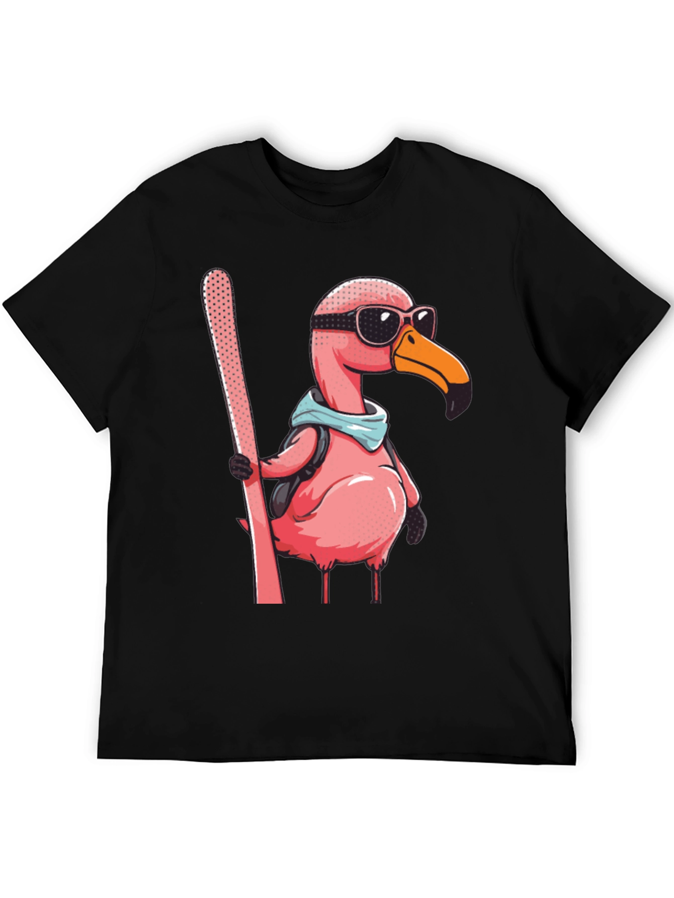 Skiing Flamingo Graphic Tee - Black Cotton Shirt