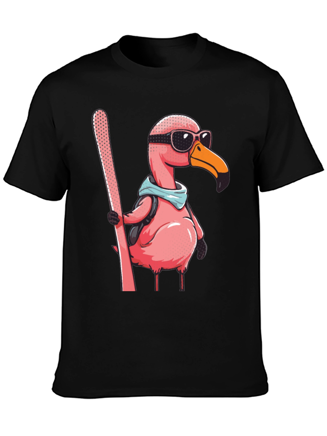 Skiing Flamingo Graphic Tee - Black Cotton Shirt