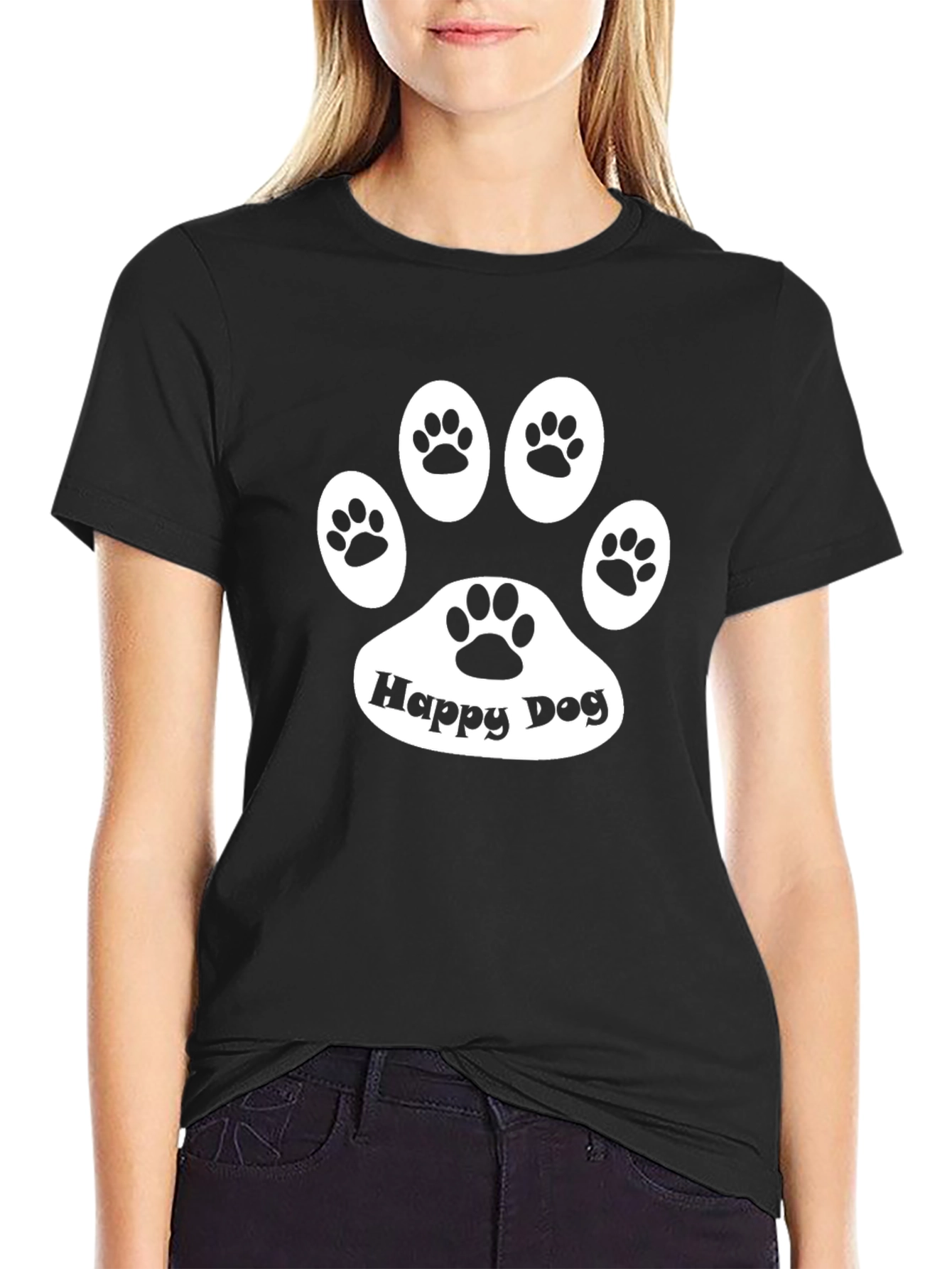 Happy Dog Paw Print Black T-Shirt
