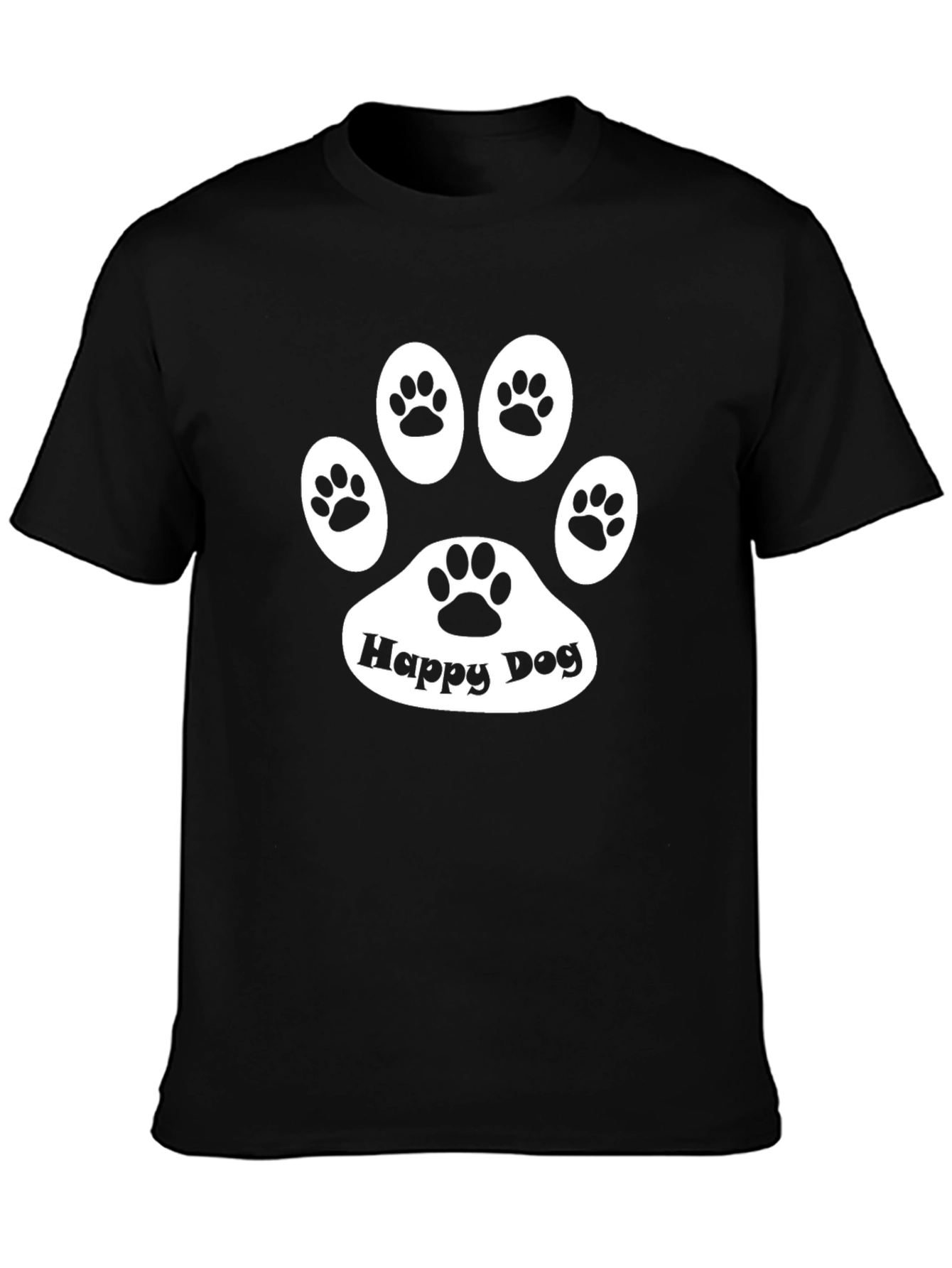 Happy Dog Paw Print Black T-Shirt