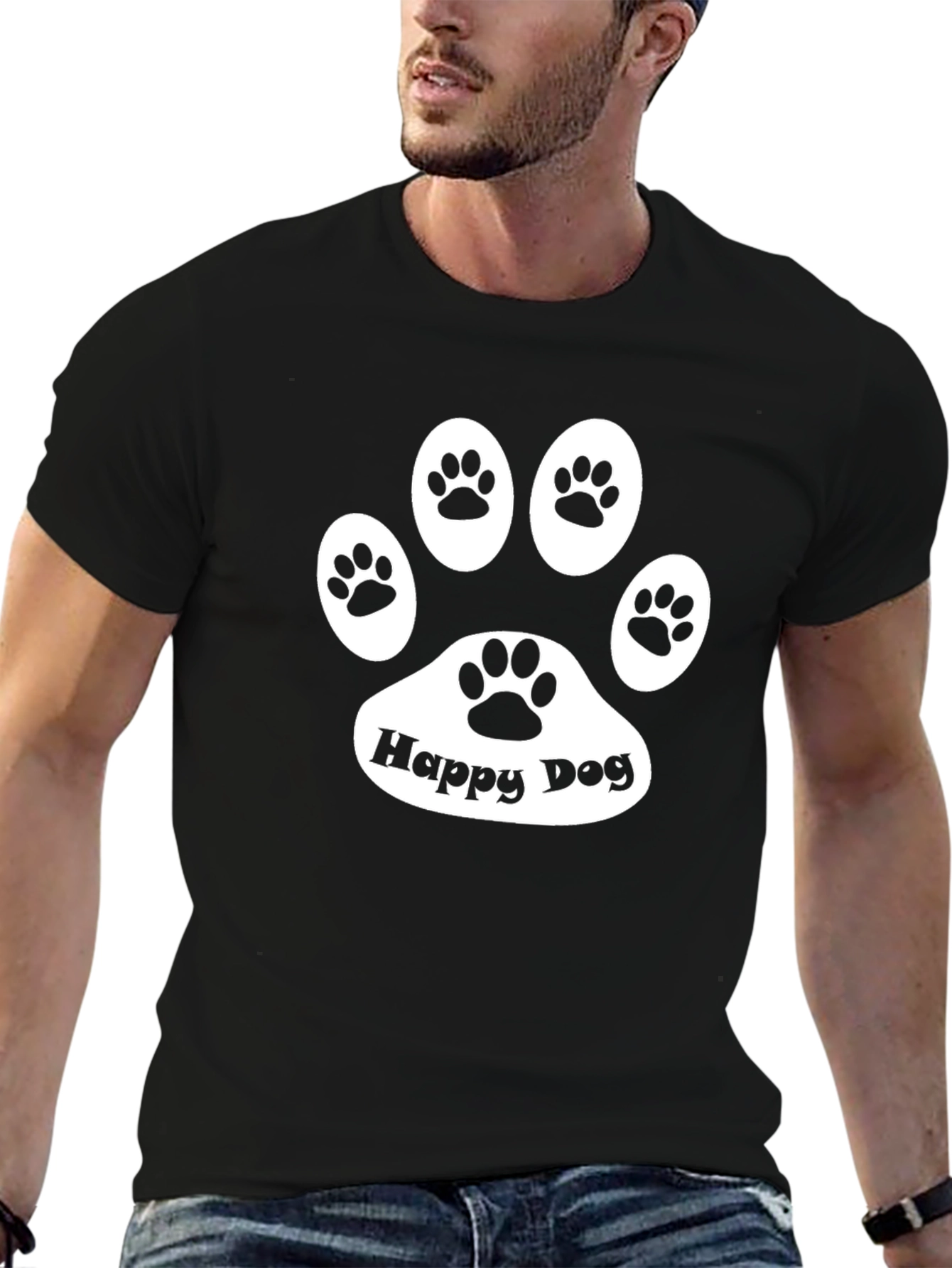 Happy Dog Paw Print Black T-Shirt