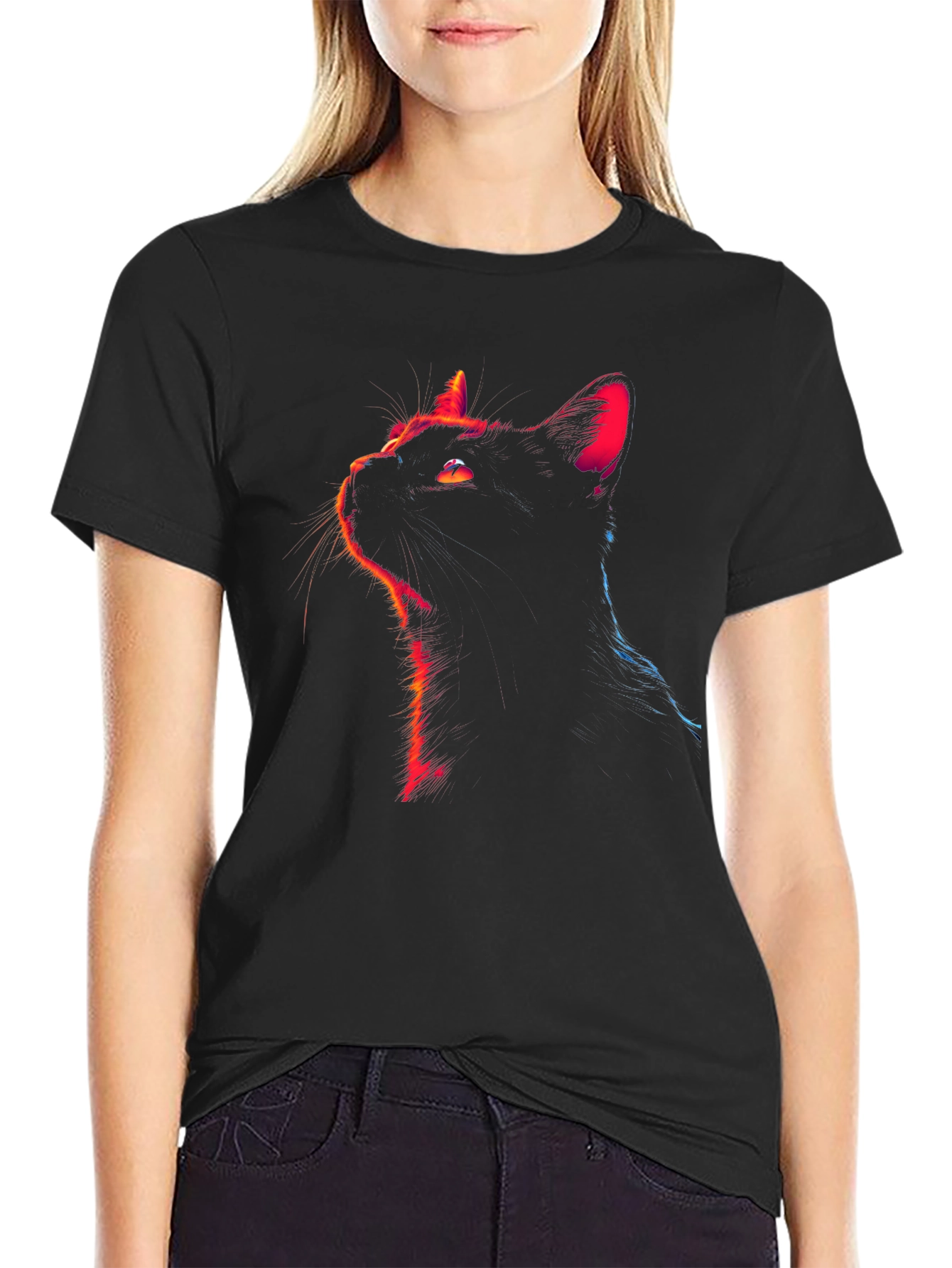 Neon Cat Graphic Tee - Stylish Black T-Shirt