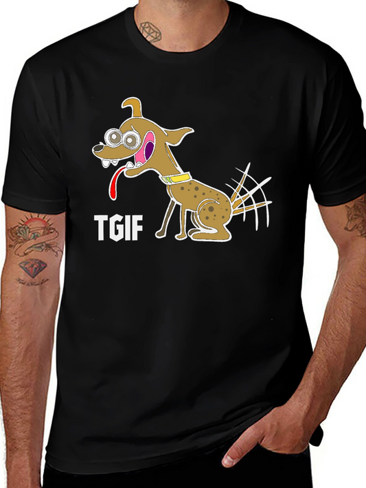 TGIF Cartoon Dog Graphic Black T-Shirt