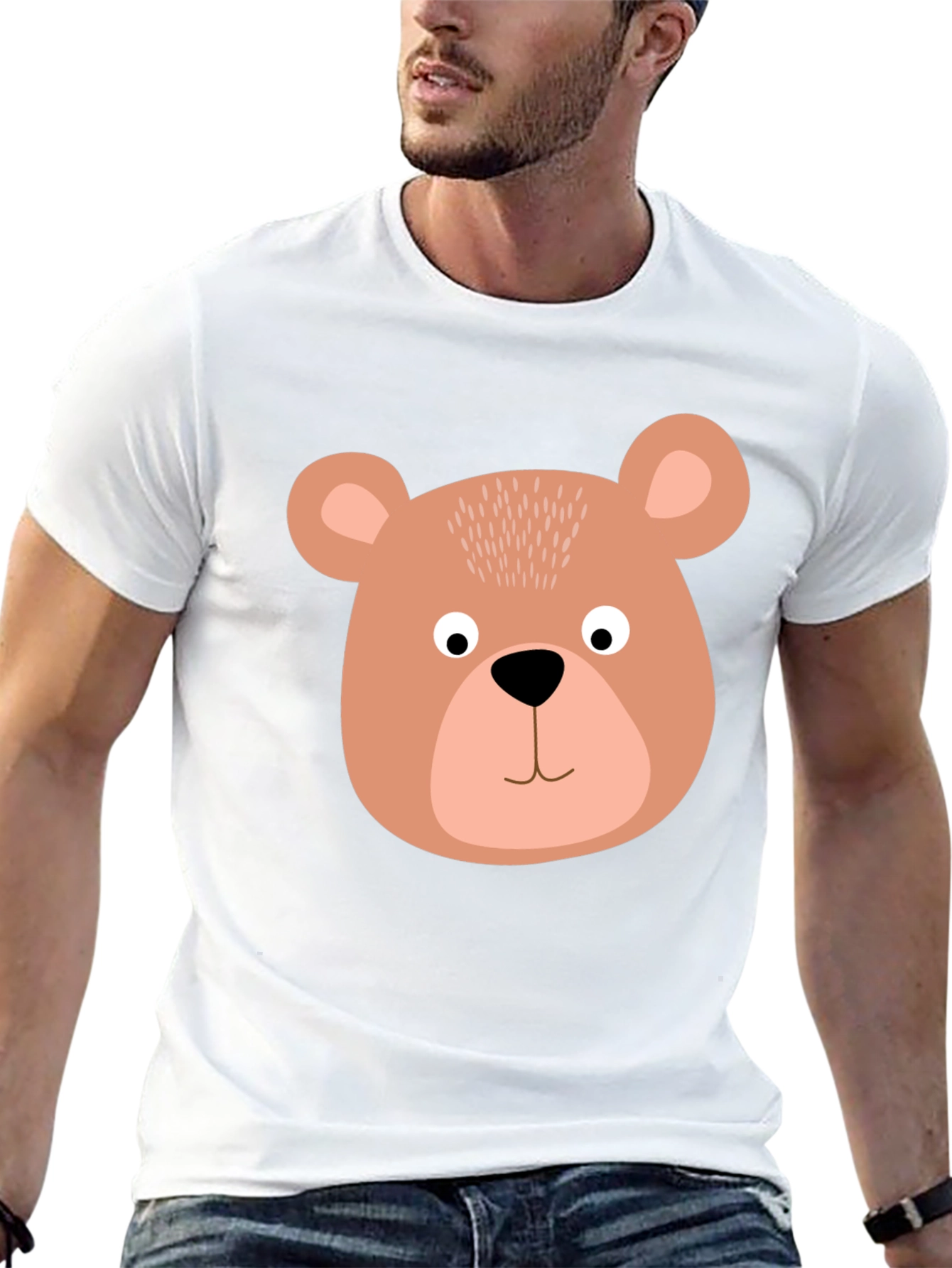 Cute Bear Face Graphic Tee - Black Cotton T-Shirt