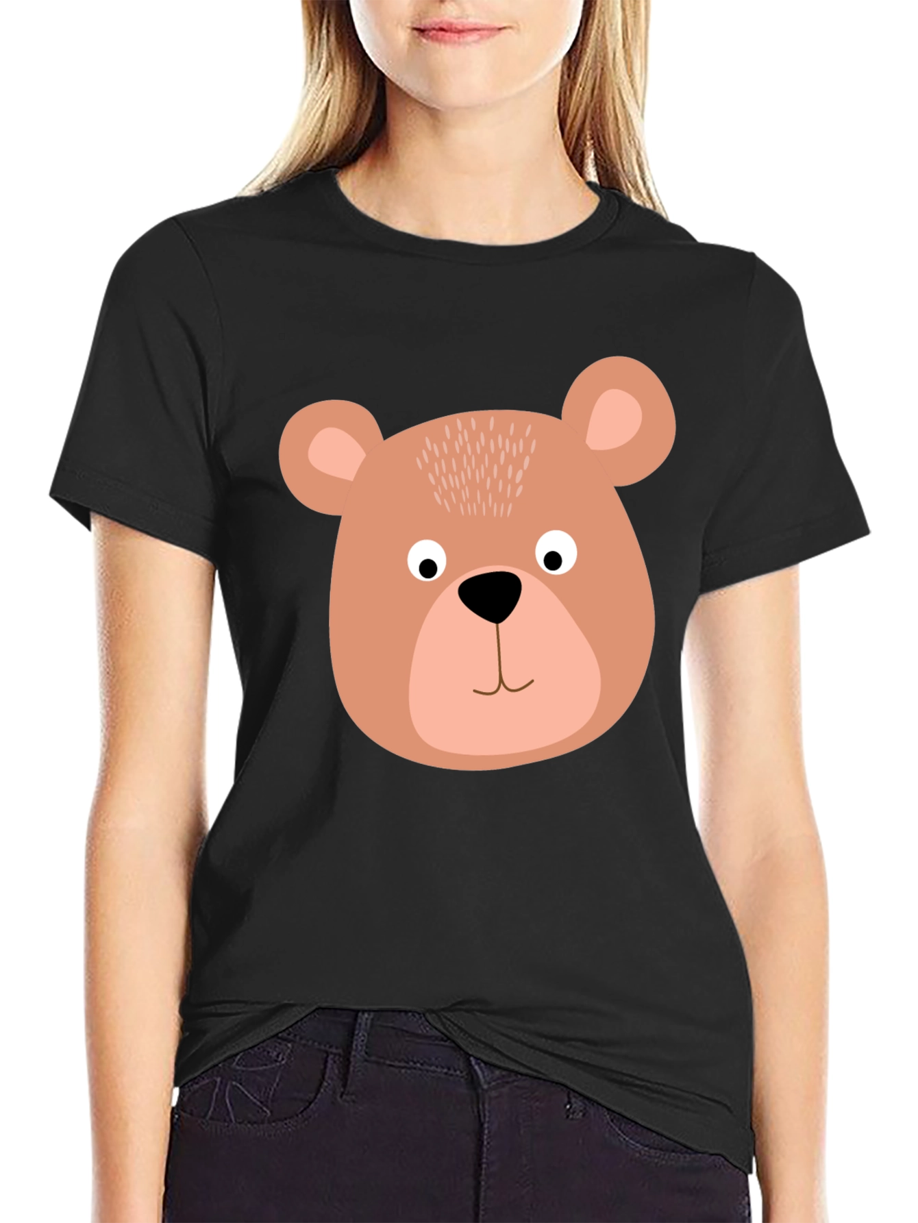 Cute Bear Face Graphic Tee - Black Cotton T-Shirt