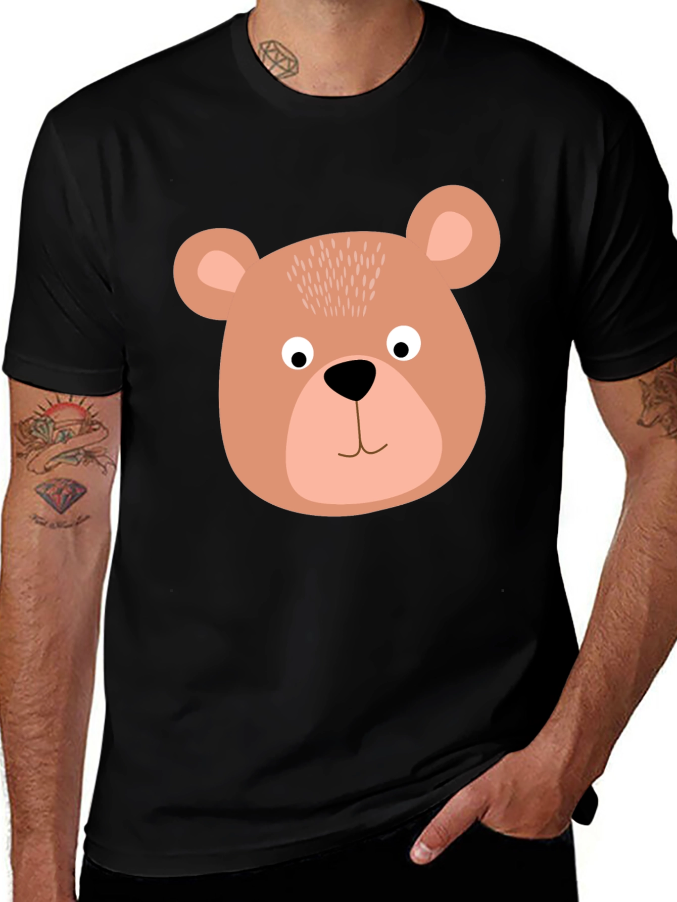 Cute Bear Face Graphic Tee - Black Cotton T-Shirt