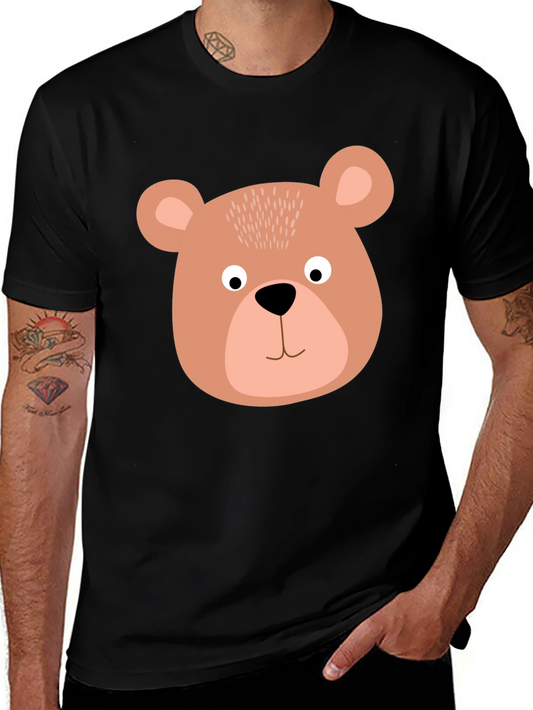 Cute Bear Face Graphic Tee - Black Cotton T-Shirt